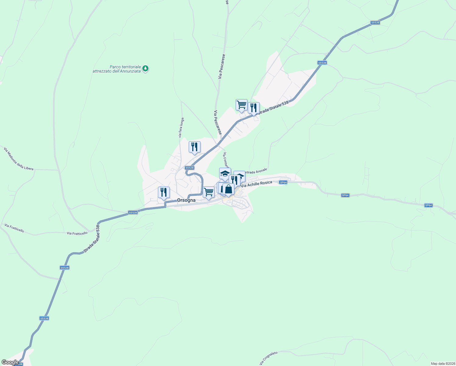 map of restaurants, bars, coffee shops, grocery stores, and more near 50E Corso Umberto I in Orsogna