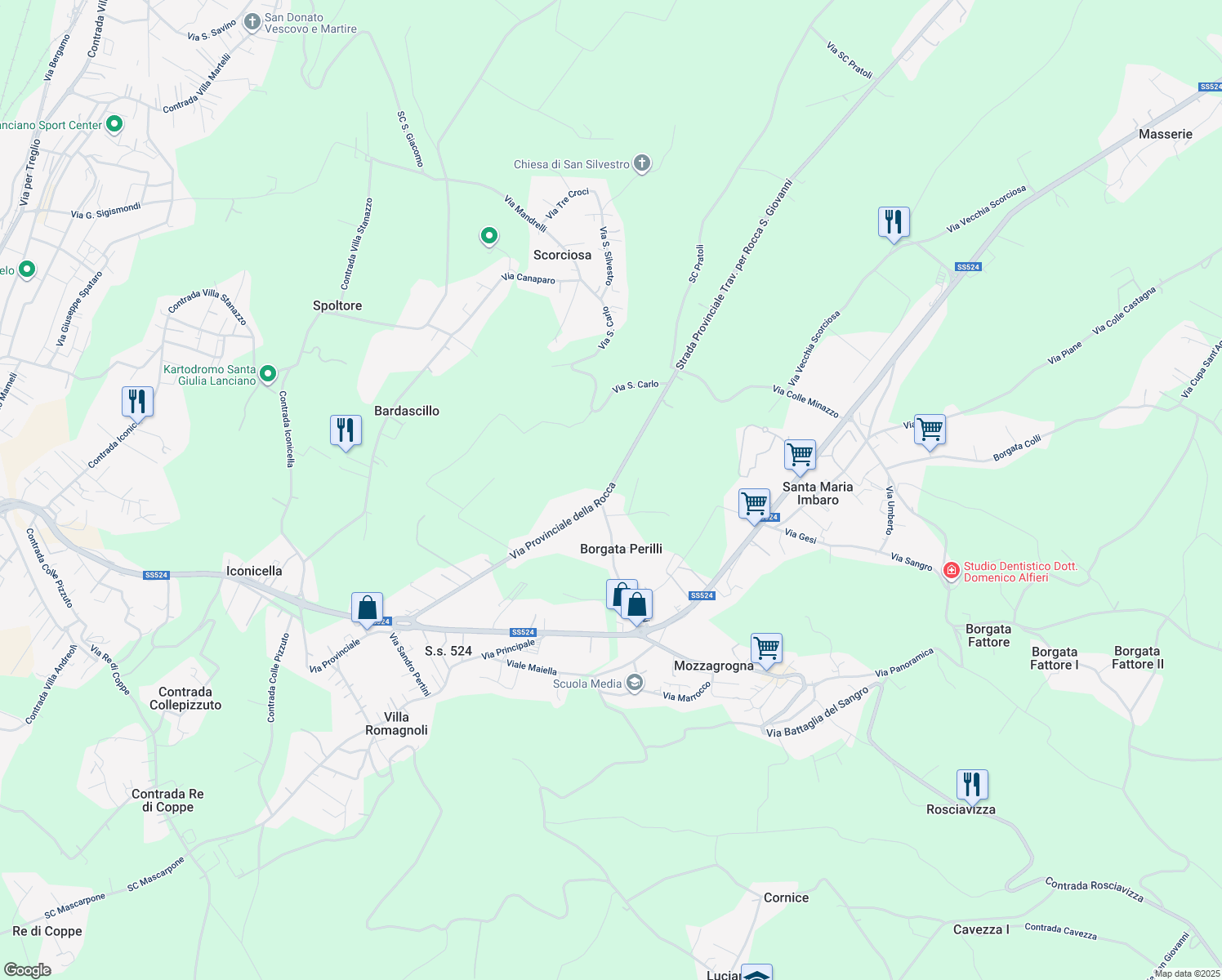 map of restaurants, bars, coffee shops, grocery stores, and more near 21 Via Perilli in Provincia di Chieti