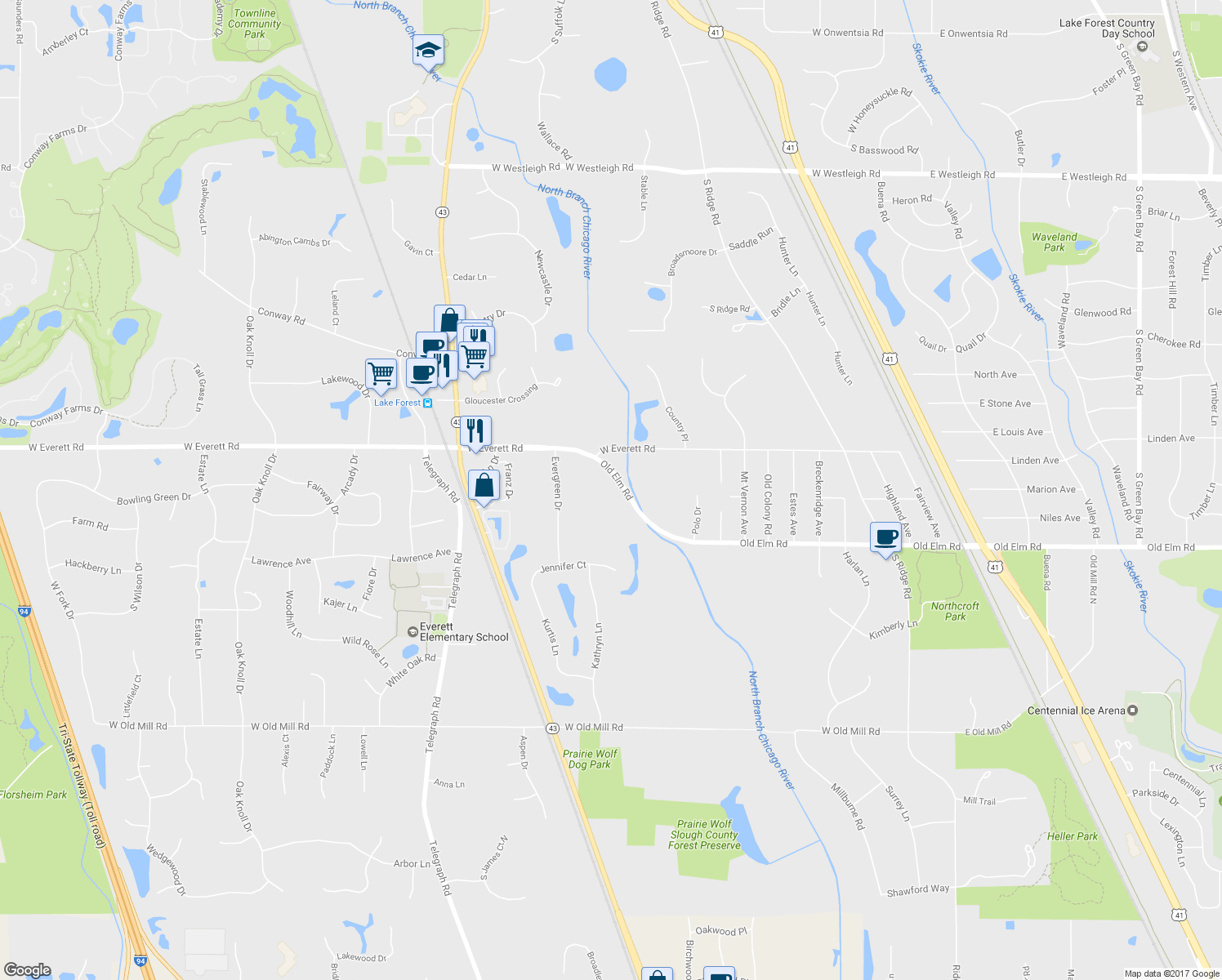 map of restaurants, bars, coffee shops, grocery stores, and more near 711 Old Elm Road in Lake Forest