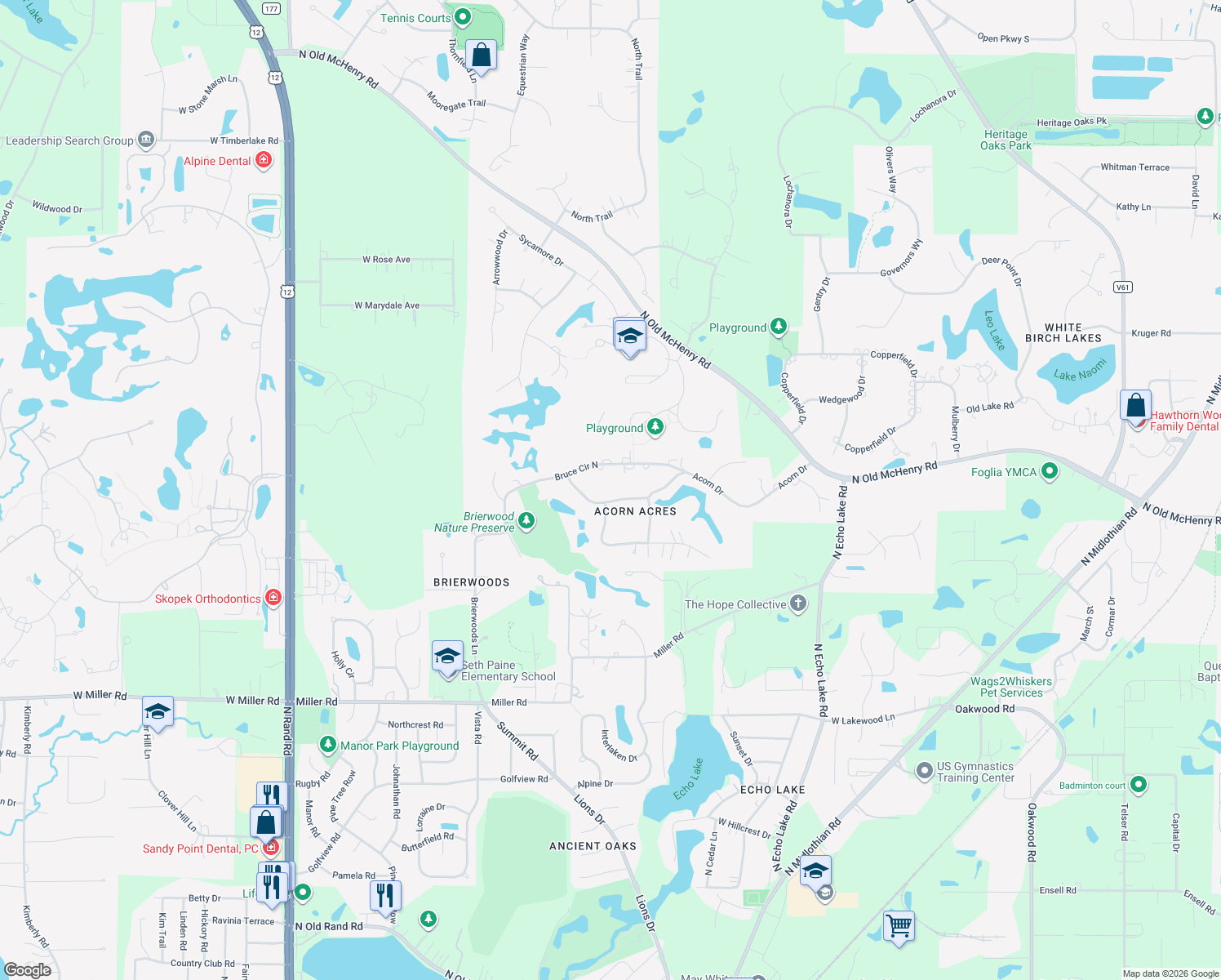map of restaurants, bars, coffee shops, grocery stores, and more near 5 Bruce Circle South in Hawthorn Woods