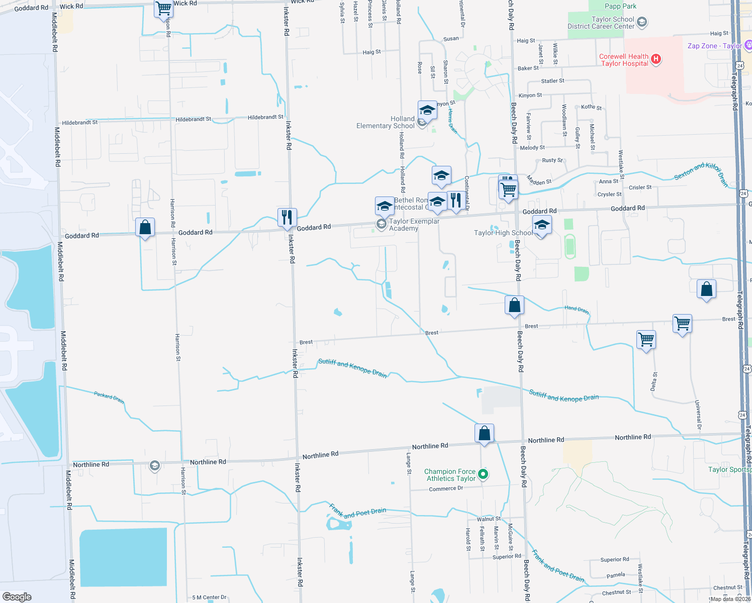 map of restaurants, bars, coffee shops, grocery stores, and more near 11031 Golfcrest Dr in Taylor
