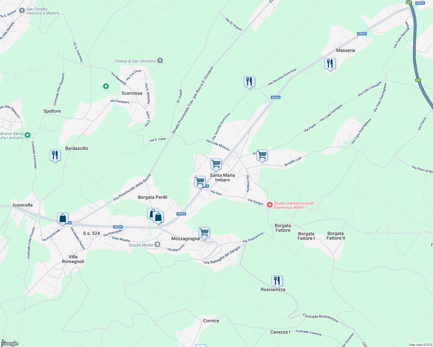 map of restaurants, bars, coffee shops, grocery stores, and more near 12 SS524 in Provincia di Chieti