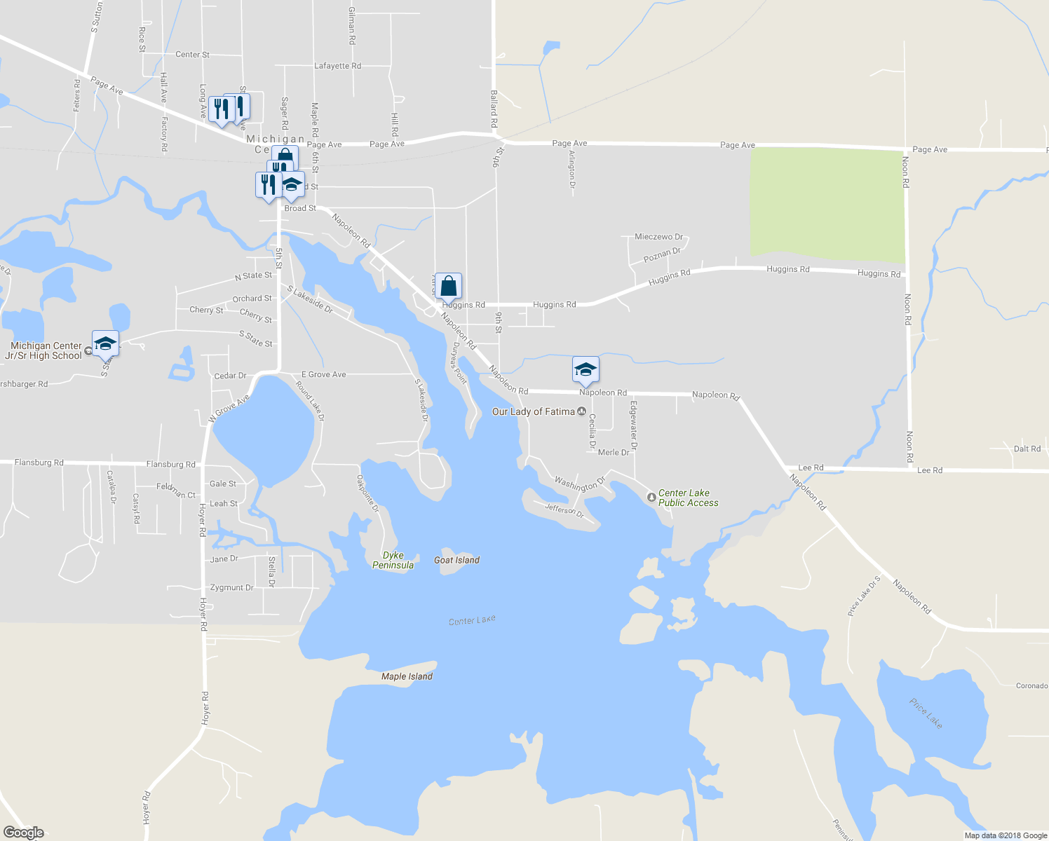 map of restaurants, bars, coffee shops, grocery stores, and more near 130 Cooks Landing in Michigan Center