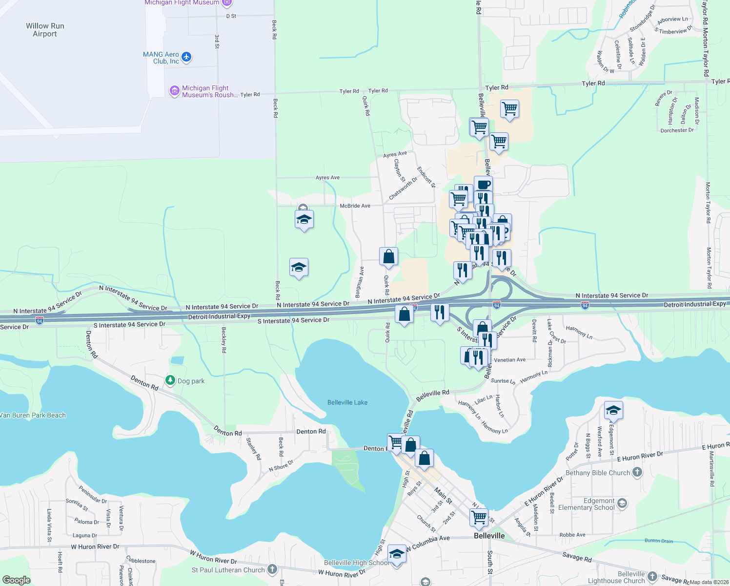 map of restaurants, bars, coffee shops, grocery stores, and more near 11167 Borgman Ave in Belleville