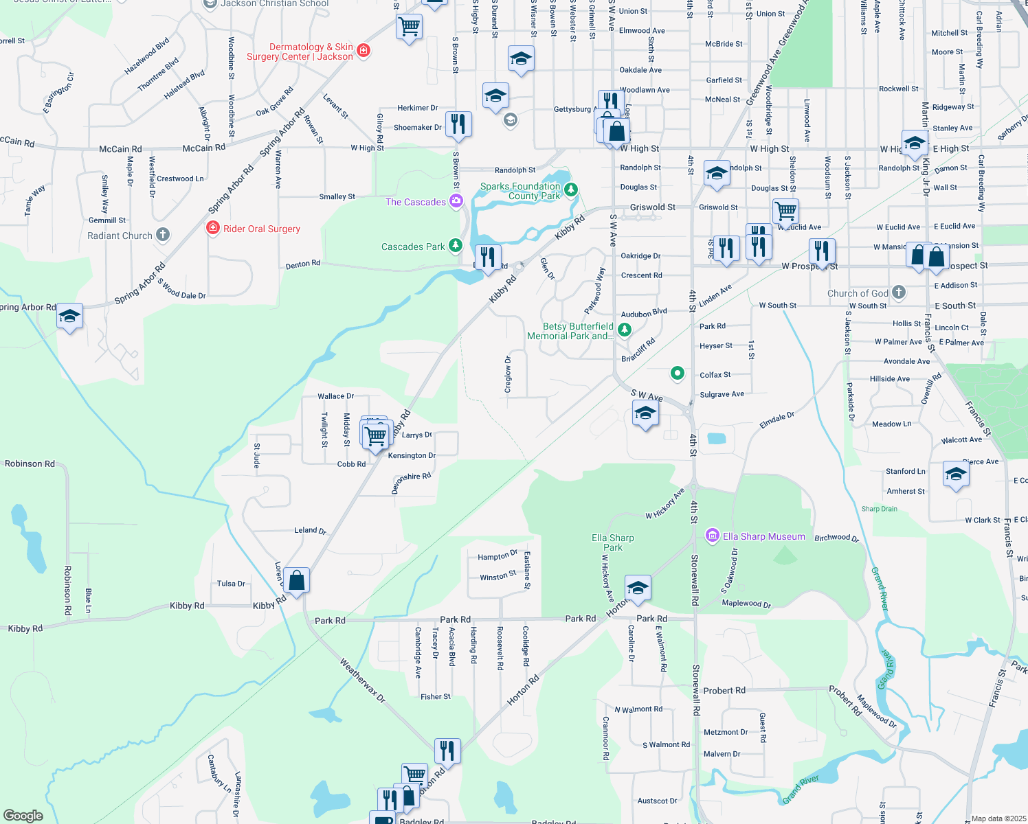 map of restaurants, bars, coffee shops, grocery stores, and more near 2203 Creglow Drive in Jackson