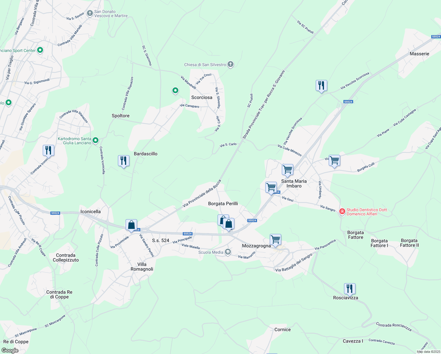 map of restaurants, bars, coffee shops, grocery stores, and more near 21 Via Perilli in Provincia di Chieti