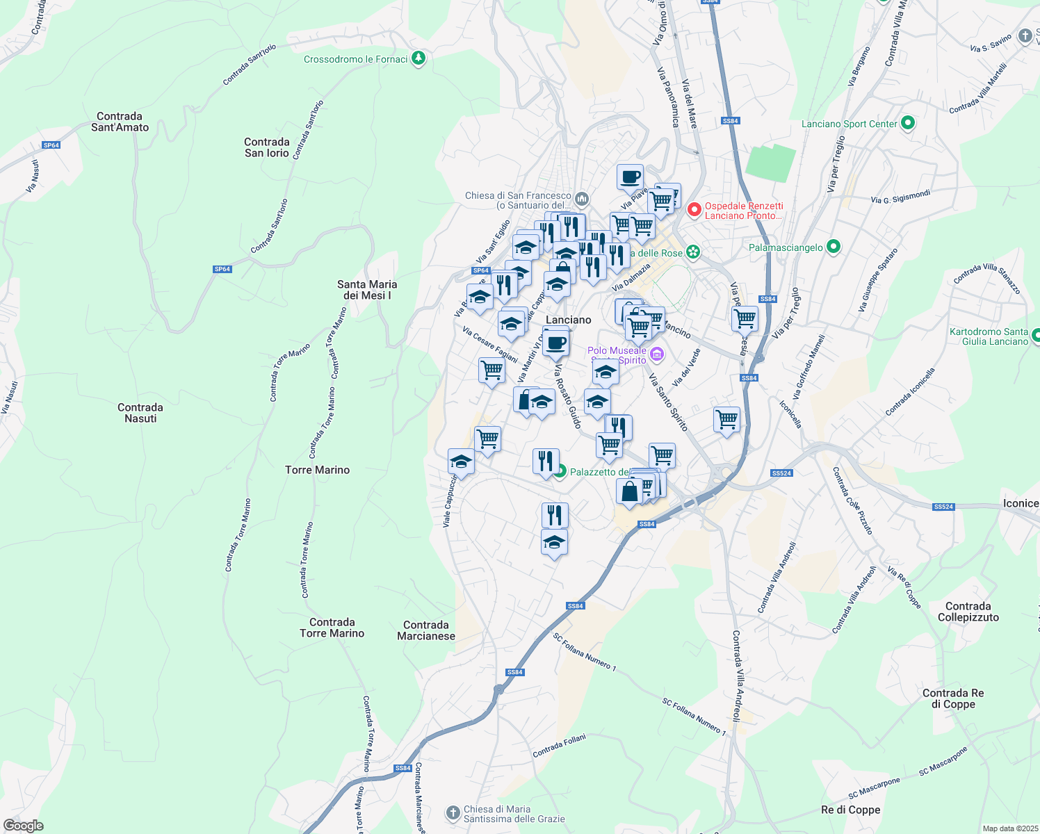 map of restaurants, bars, coffee shops, grocery stores, and more near 49 Via Alberto Barrella in Lanciano