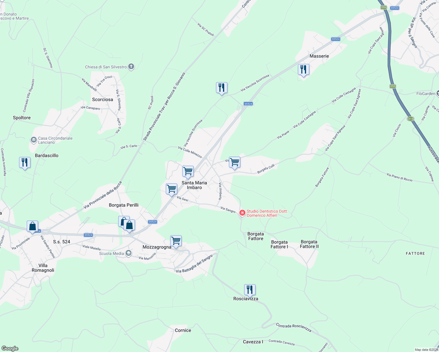 map of restaurants, bars, coffee shops, grocery stores, and more near 2 Largo Chiavelli in Santa Maria Imbaro