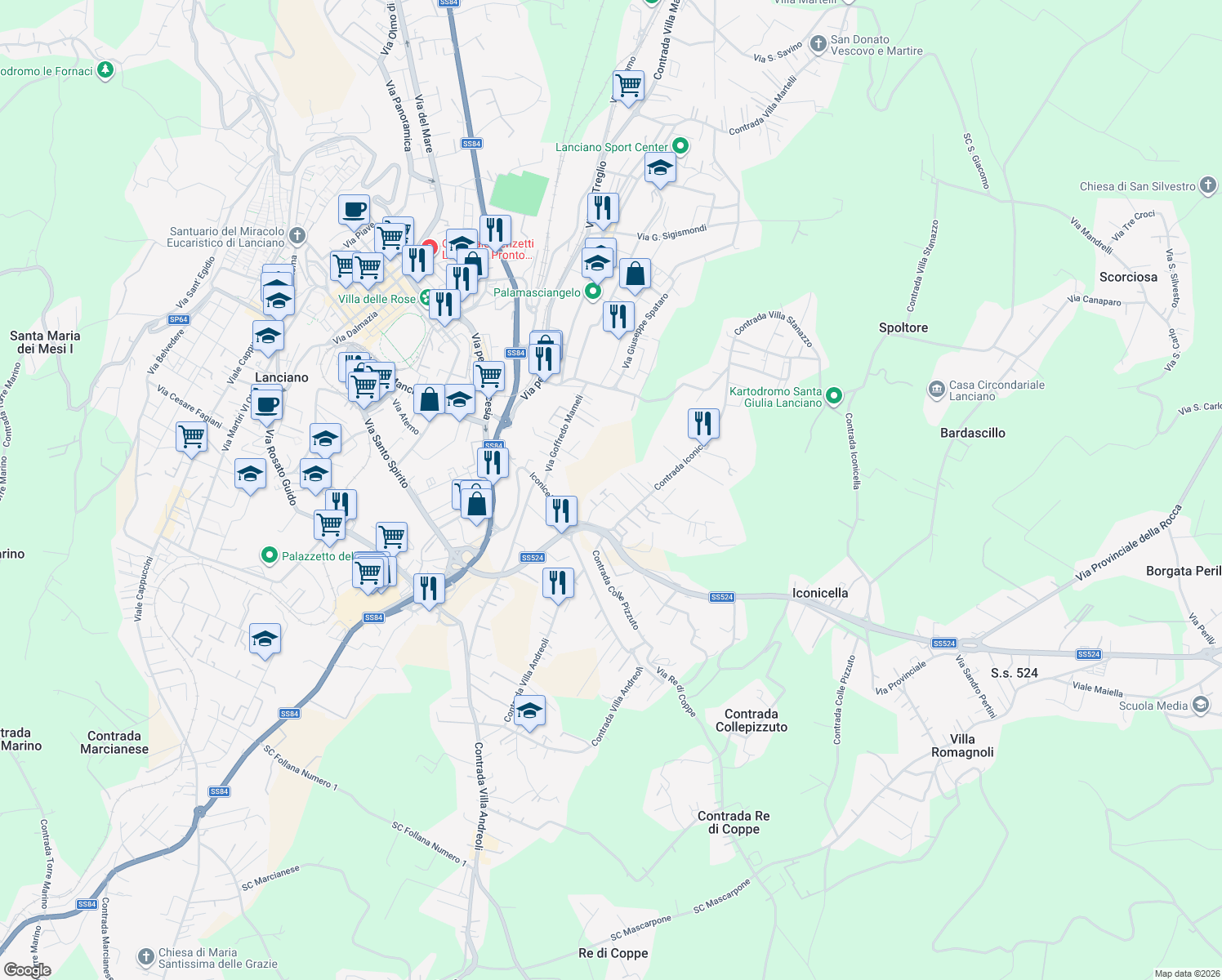 map of restaurants, bars, coffee shops, grocery stores, and more near 198 Contrada Iconicella in Lanciano