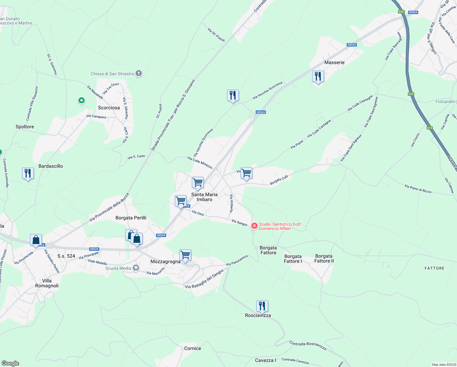 map of restaurants, bars, coffee shops, grocery stores, and more near 50A Via Piane in Santa Maria Imbaro