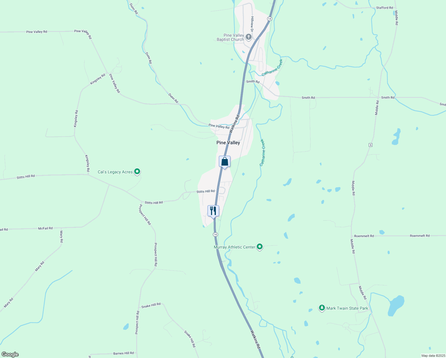 map of restaurants, bars, coffee shops, grocery stores, and more near 3606 Watkins Rd in Pine Valley