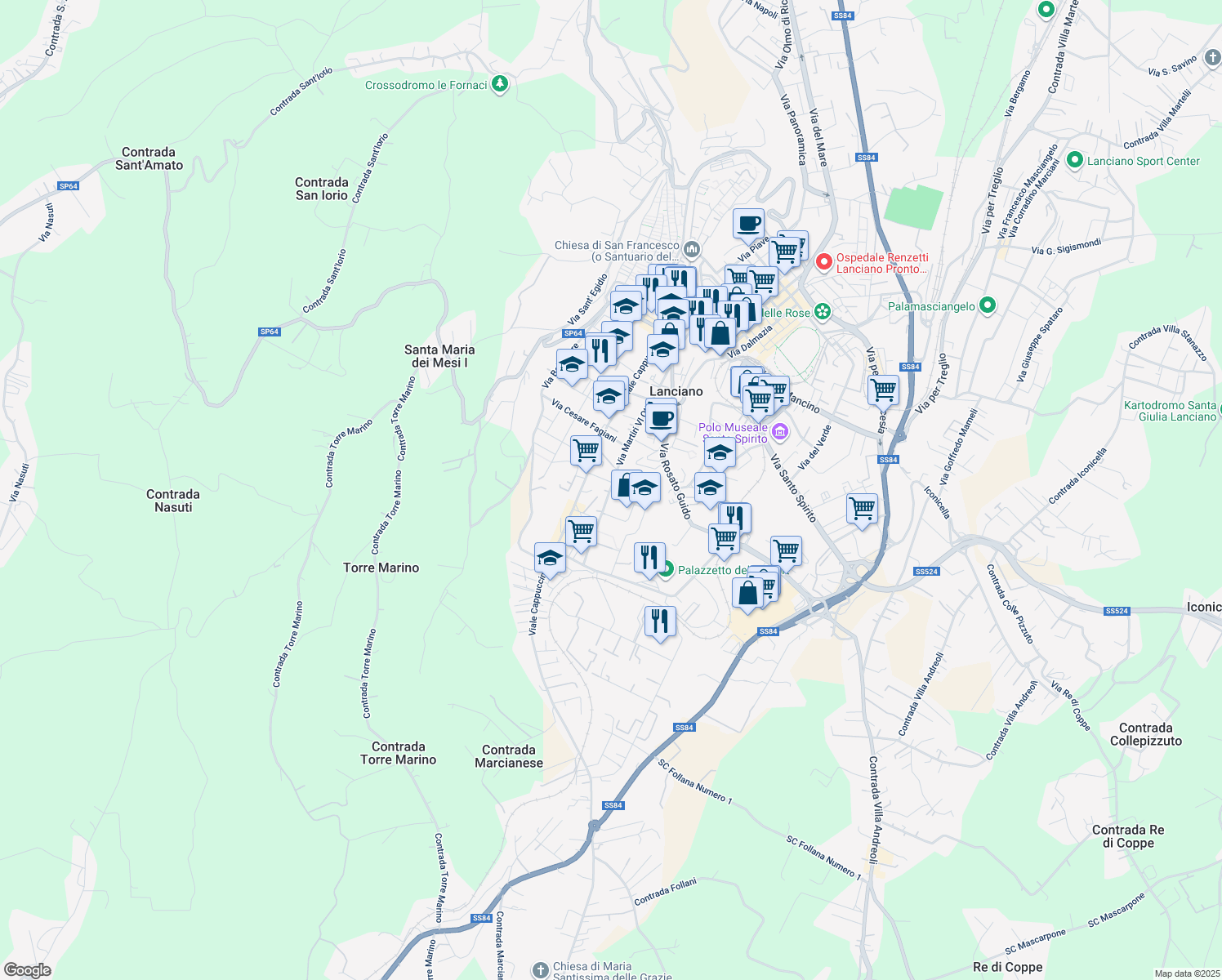map of restaurants, bars, coffee shops, grocery stores, and more near 29 Via Giangiulio Adamo in Lanciano