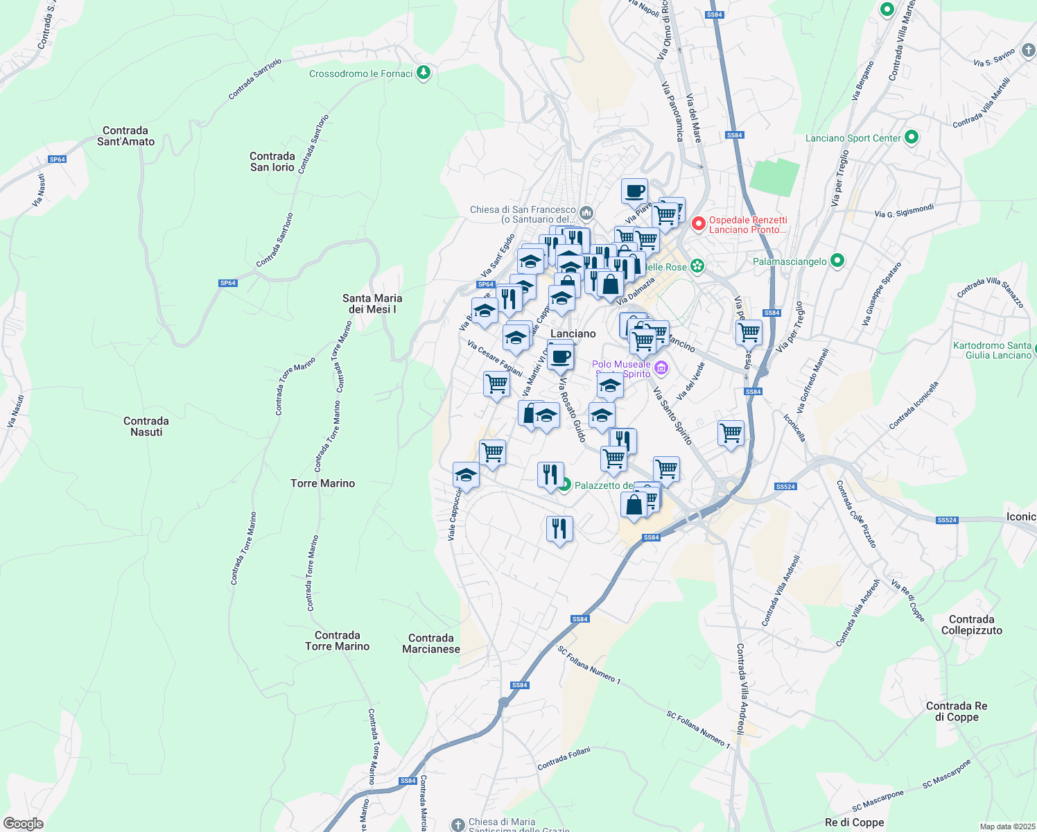 map of restaurants, bars, coffee shops, grocery stores, and more near 29 Via Giangiulio Adamo in Lanciano