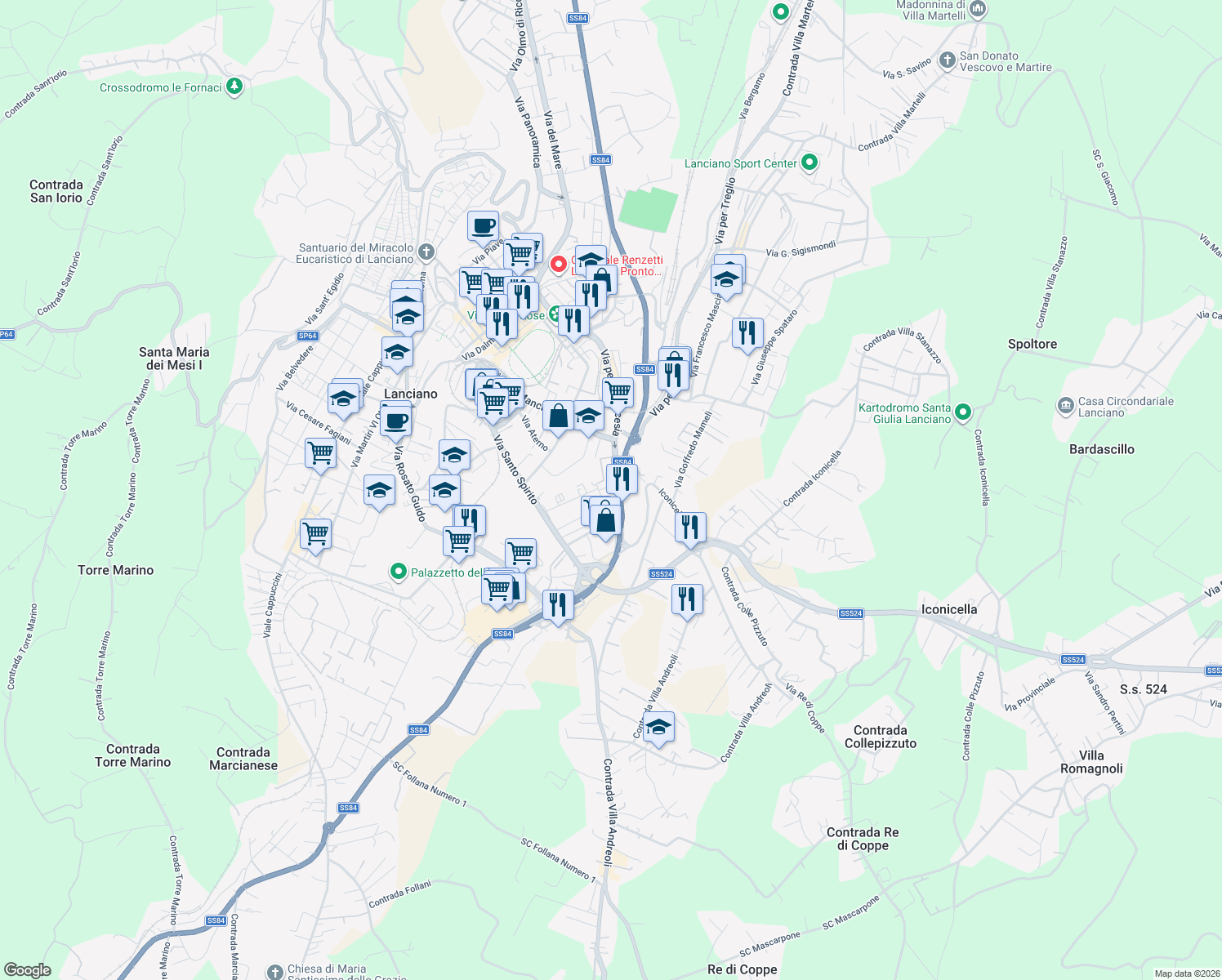 map of restaurants, bars, coffee shops, grocery stores, and more near 163 SS84 in Lanciano