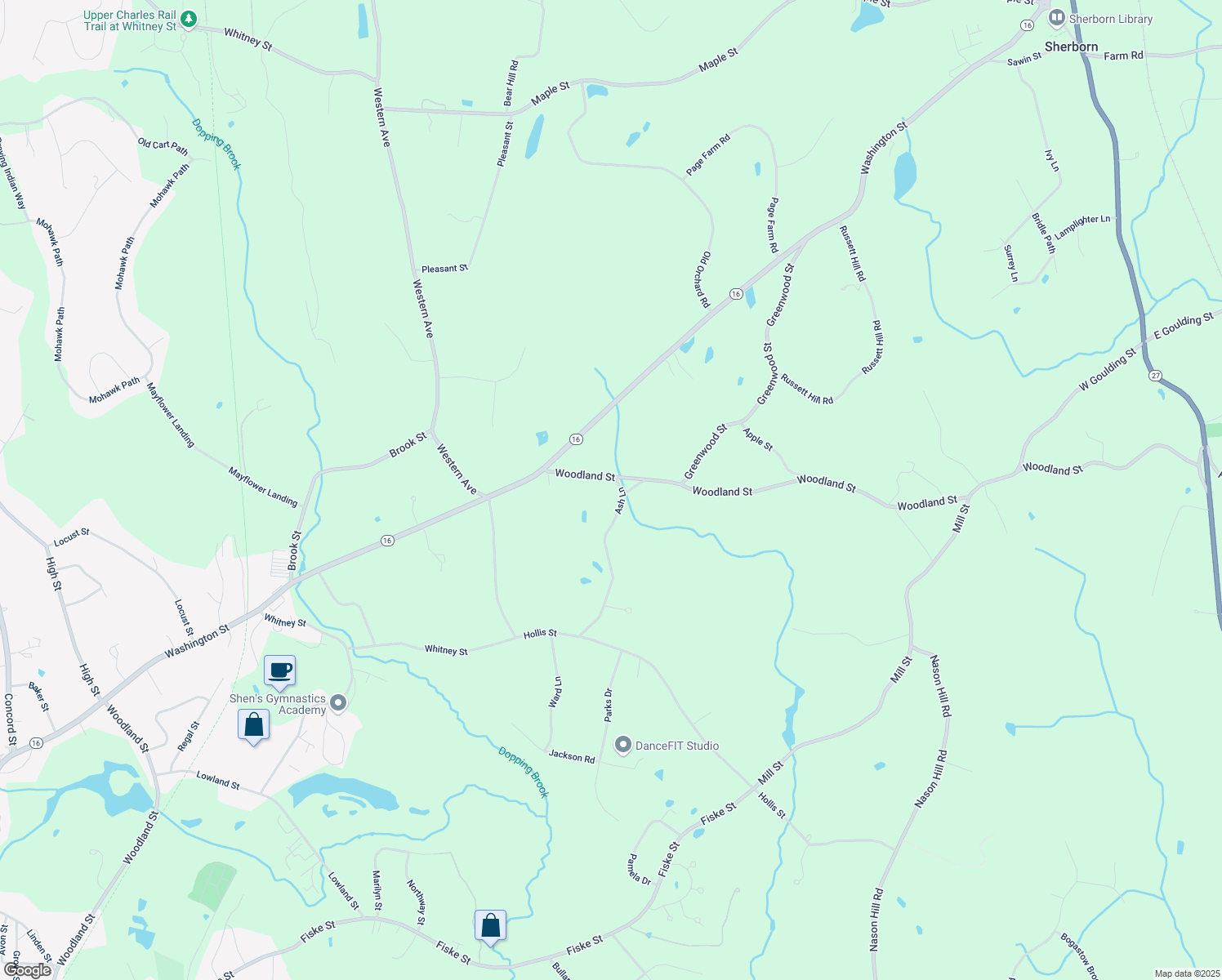 map of restaurants, bars, coffee shops, grocery stores, and more near 2 Ash Lane in Sherborn