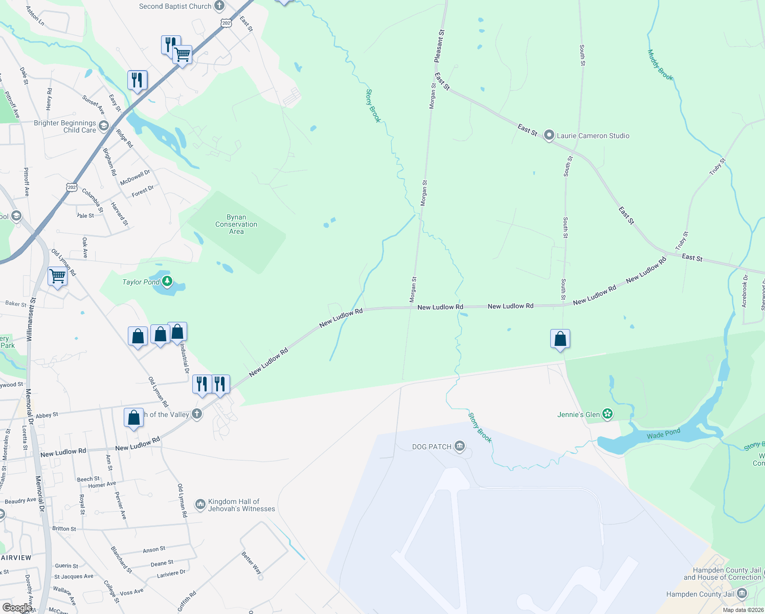map of restaurants, bars, coffee shops, grocery stores, and more near 25 New Ludlow Rd in Granby