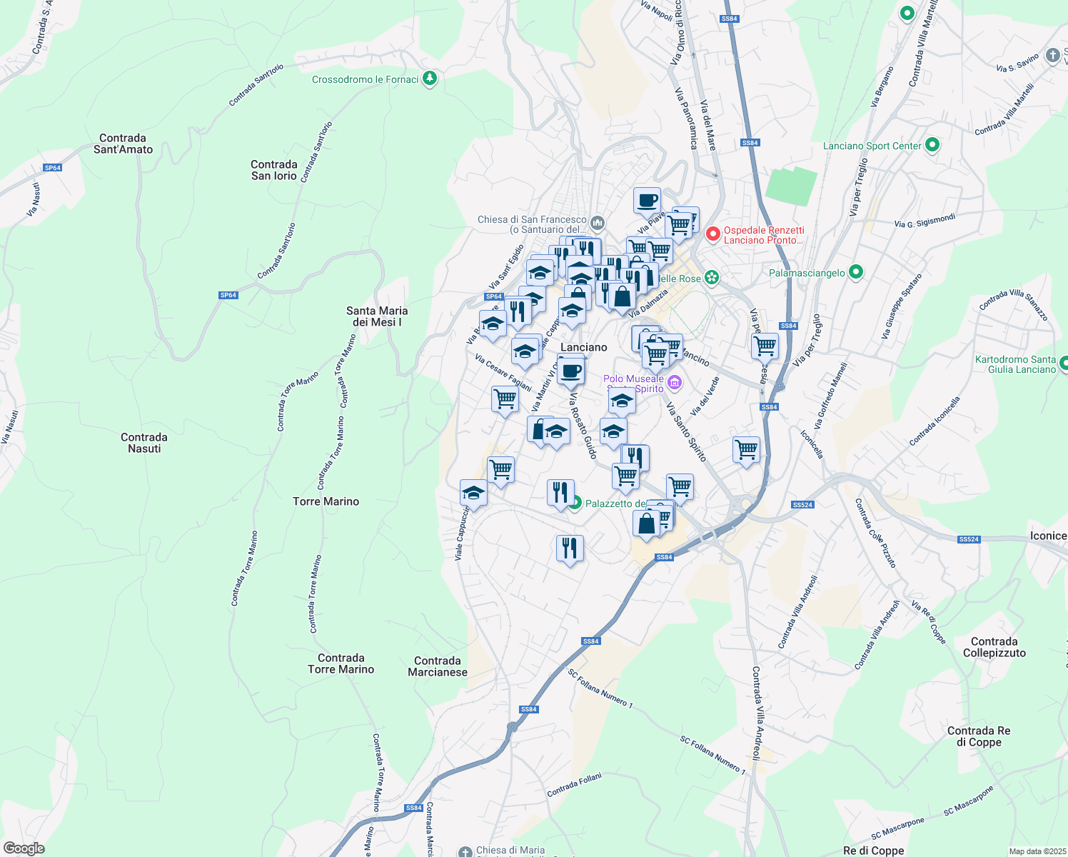 map of restaurants, bars, coffee shops, grocery stores, and more near 29 Via Giangiulio Adamo in Lanciano