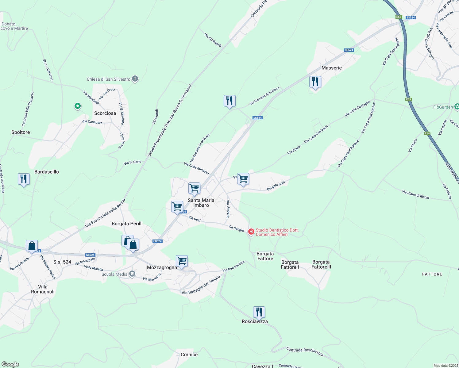 map of restaurants, bars, coffee shops, grocery stores, and more near 50A Via Piane in Santa Maria Imbaro