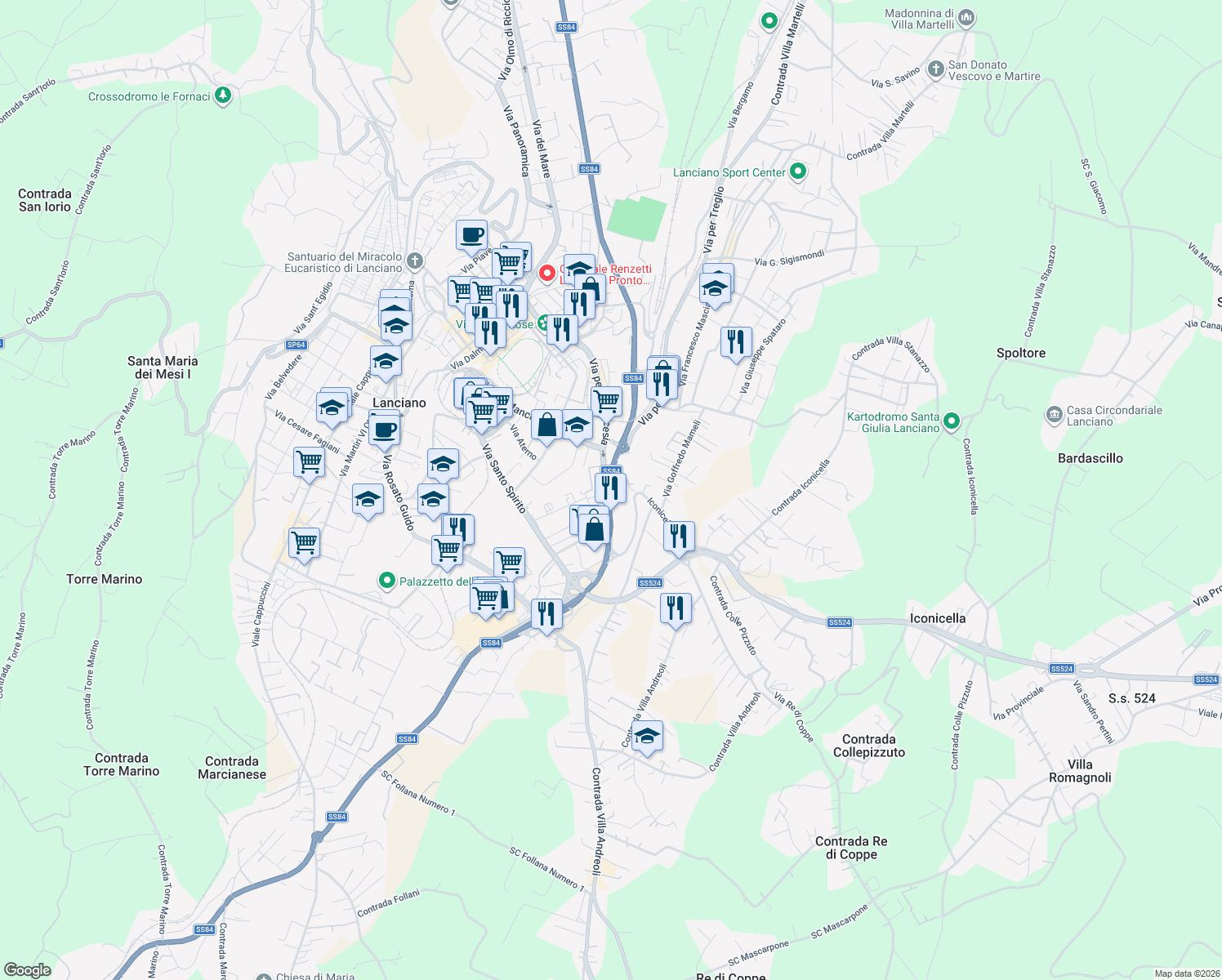 map of restaurants, bars, coffee shops, grocery stores, and more near 163 SS84 in Lanciano