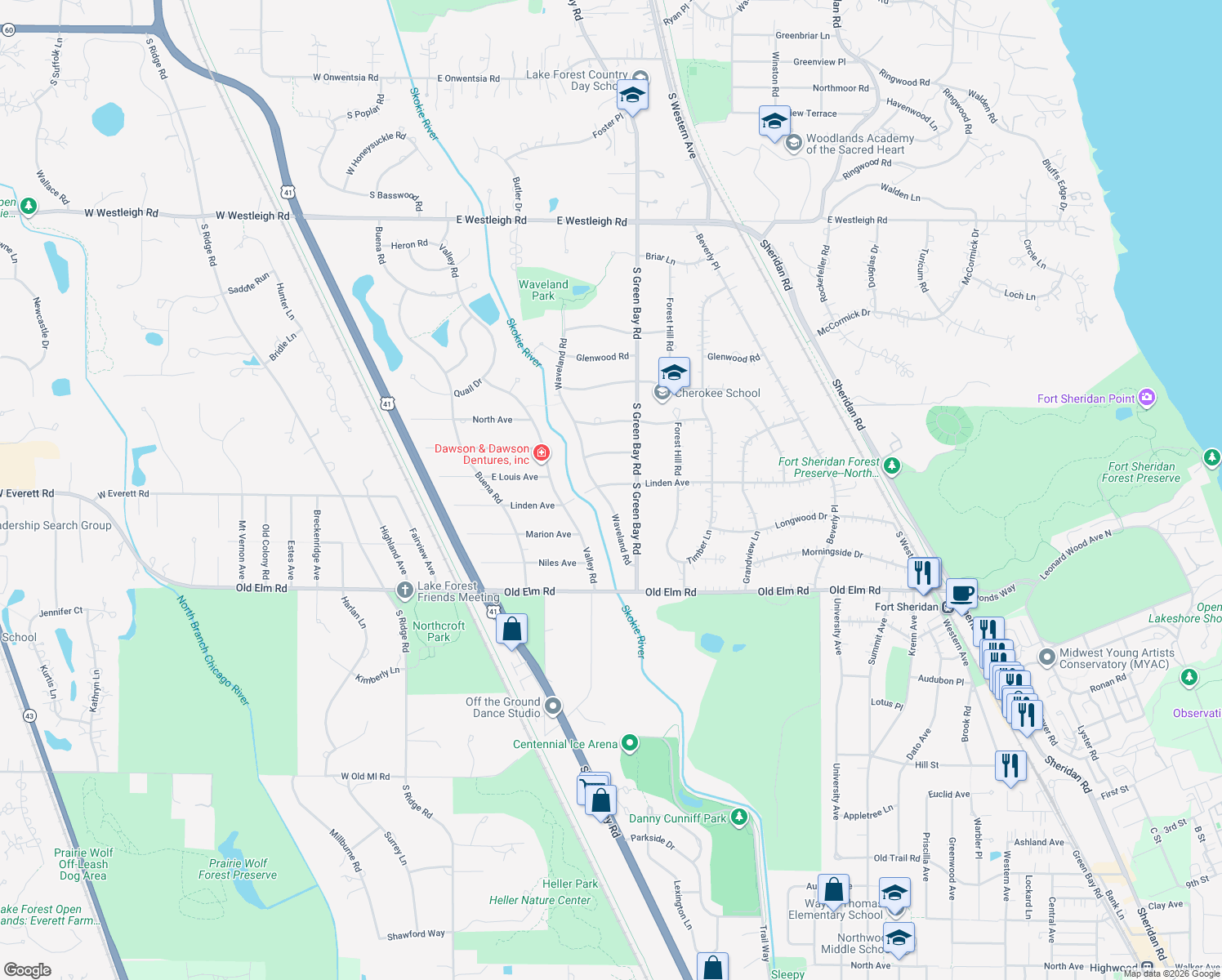 map of restaurants, bars, coffee shops, grocery stores, and more near 985 Waveland Road in Lake Forest