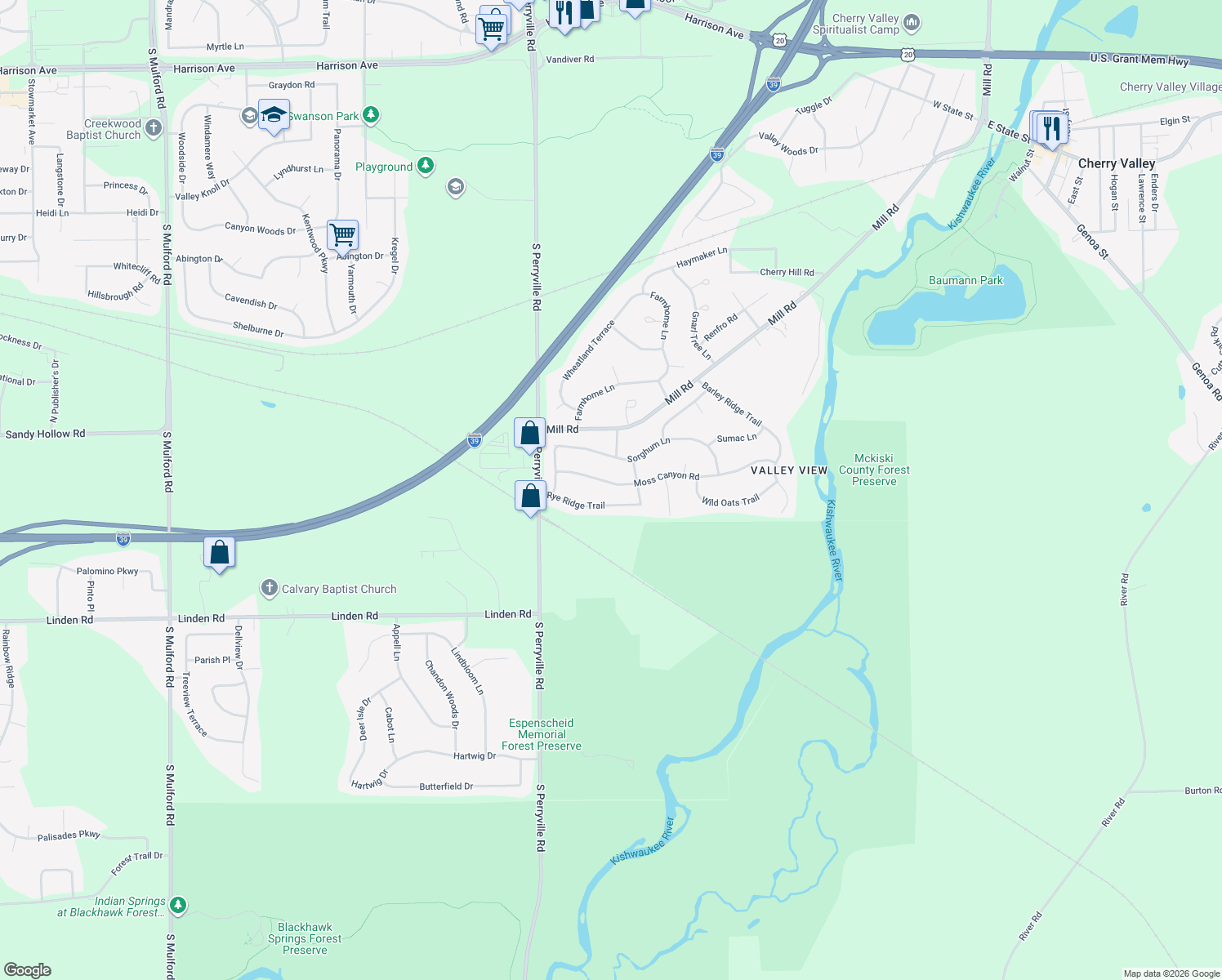 map of restaurants, bars, coffee shops, grocery stores, and more near 7173 Moss Canyon Road in Cherry Valley