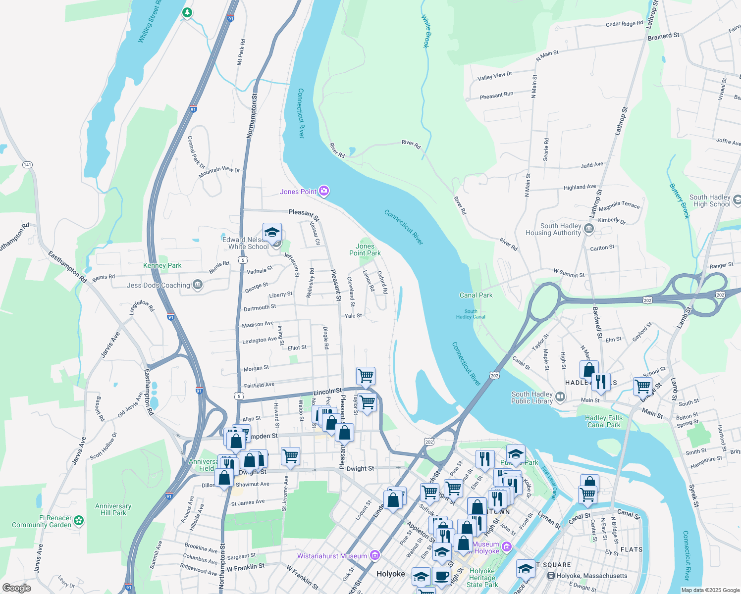 map of restaurants, bars, coffee shops, grocery stores, and more near 58 Park Slope in Holyoke