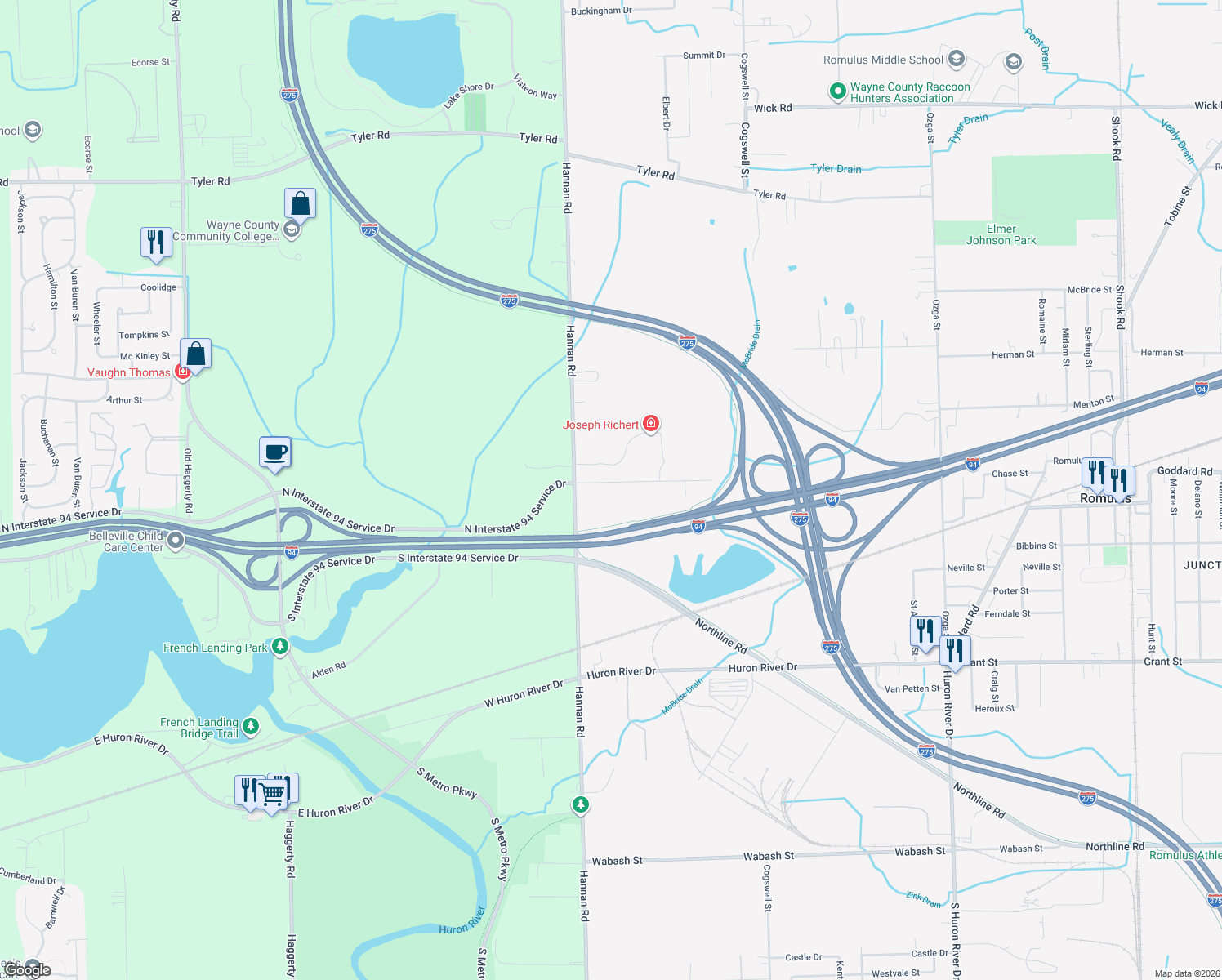 map of restaurants, bars, coffee shops, grocery stores, and more near 39205 Chase St in Romulus