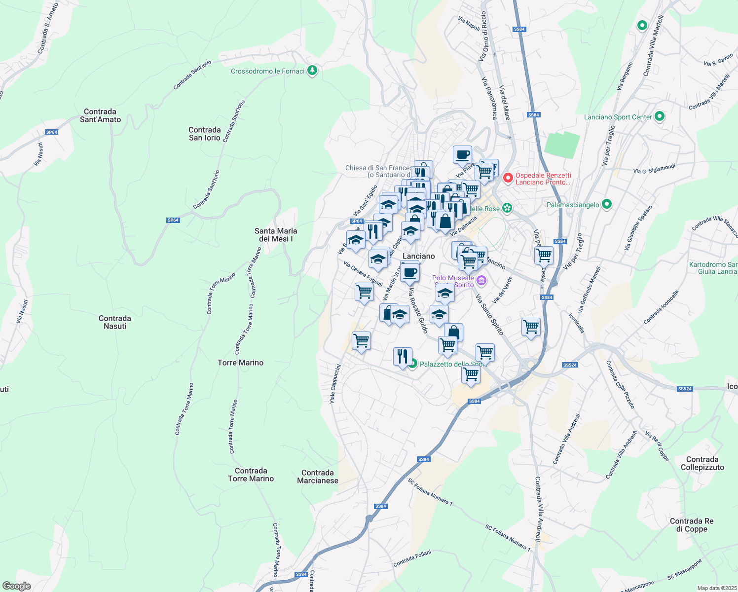map of restaurants, bars, coffee shops, grocery stores, and more near 91 Viale Cappuccini in Lanciano