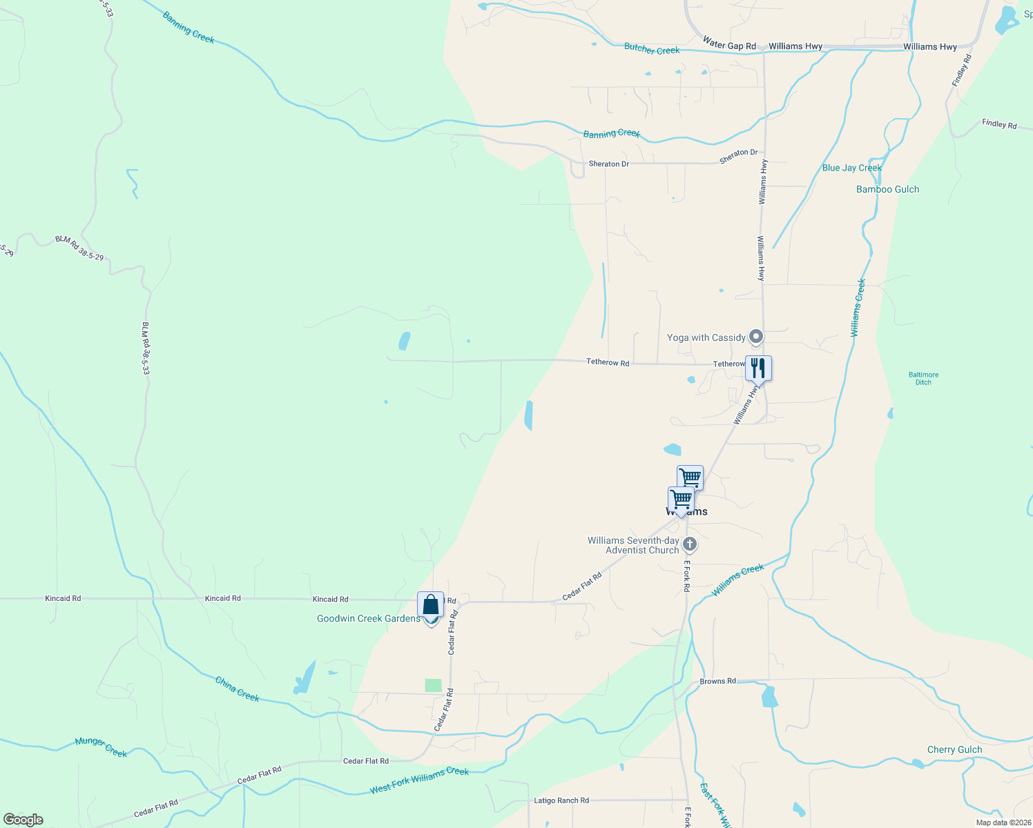 map of restaurants, bars, coffee shops, grocery stores, and more near 941 Tetherow Road in Williams
