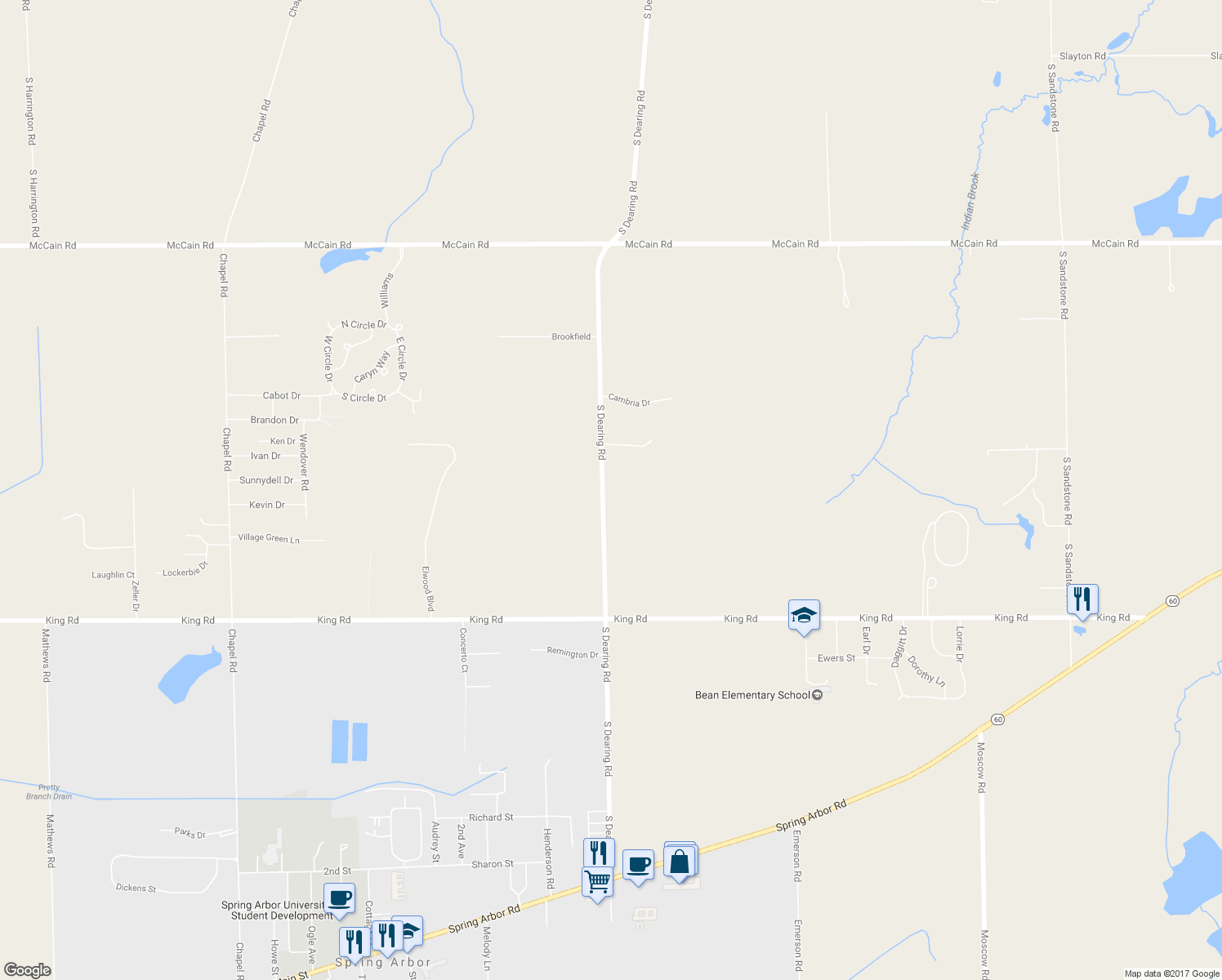 map of restaurants, bars, coffee shops, grocery stores, and more near 2645 South Dearing Road in Spring Arbor