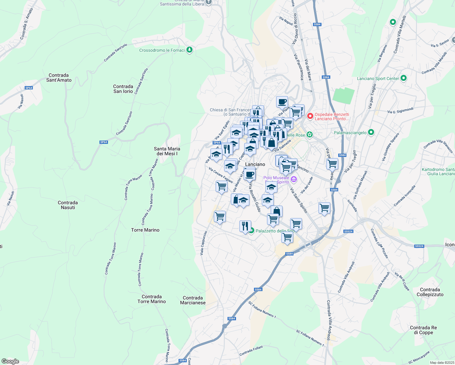 map of restaurants, bars, coffee shops, grocery stores, and more near 91 Viale Cappuccini in Lanciano