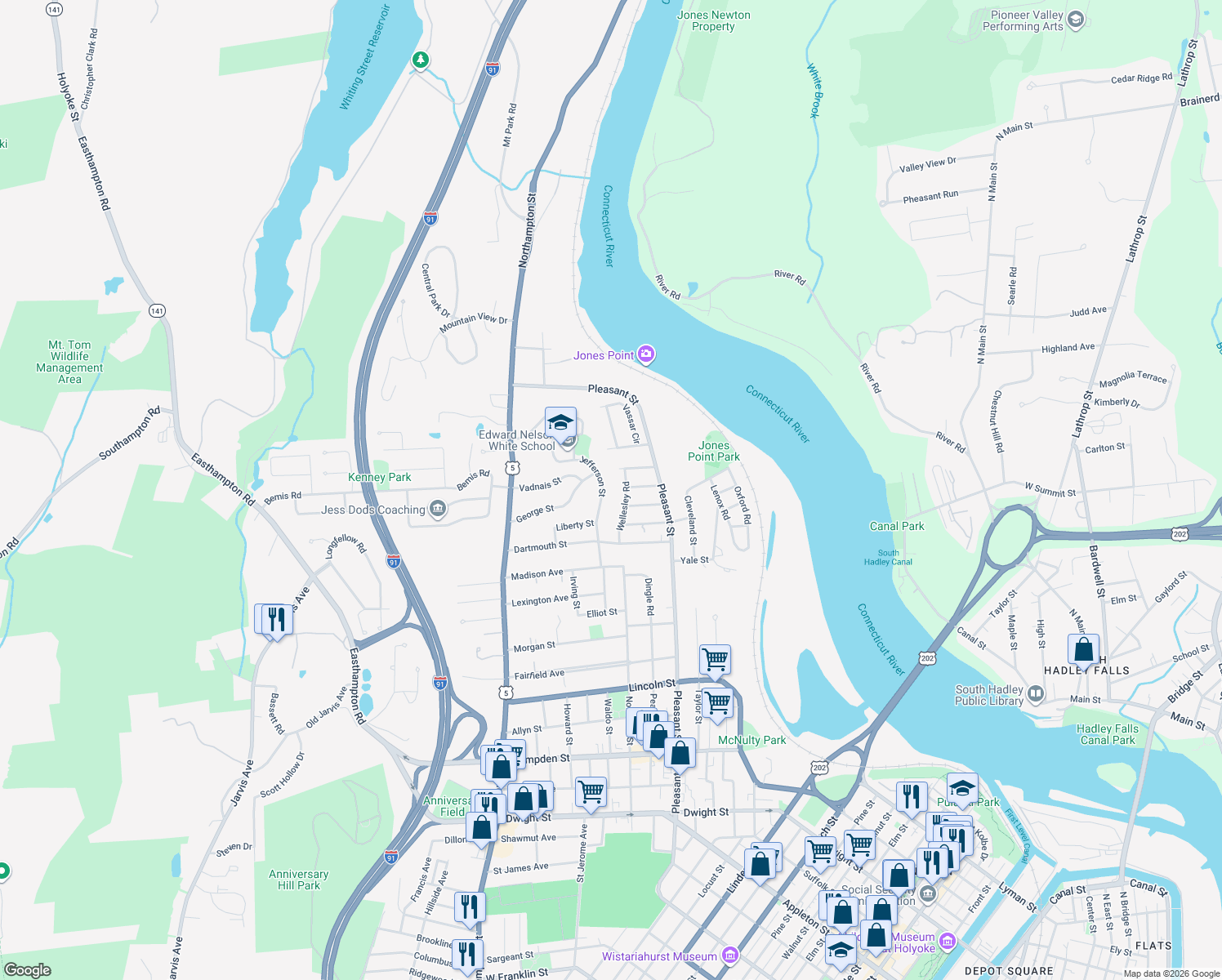 map of restaurants, bars, coffee shops, grocery stores, and more near 28 Jefferson Street in Holyoke