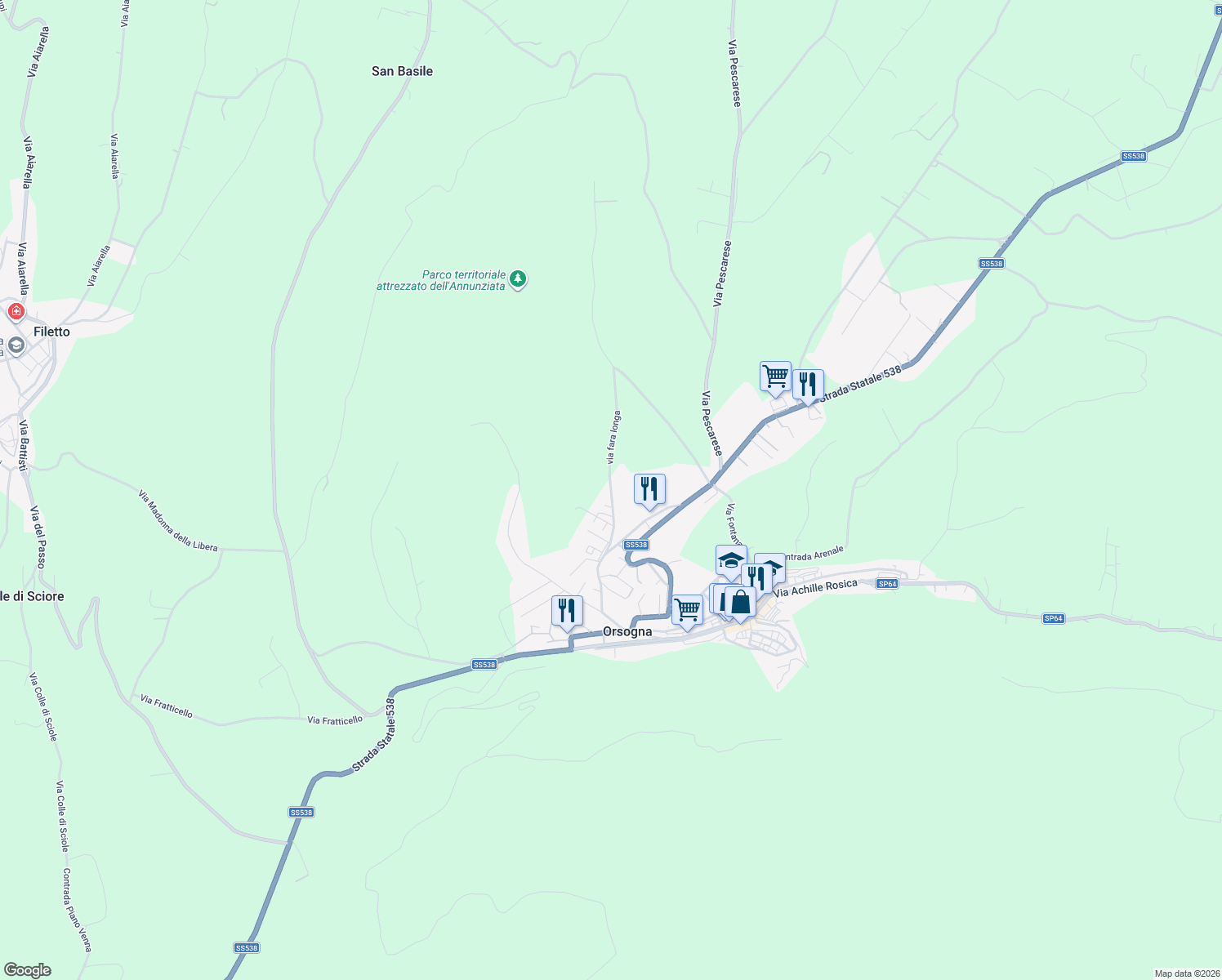 map of restaurants, bars, coffee shops, grocery stores, and more near via fara longa in Orsogna