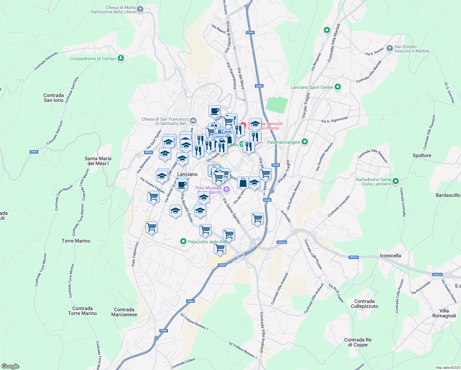 map of restaurants, bars, coffee shops, grocery stores, and more near 130 Via del Mancino in Lanciano