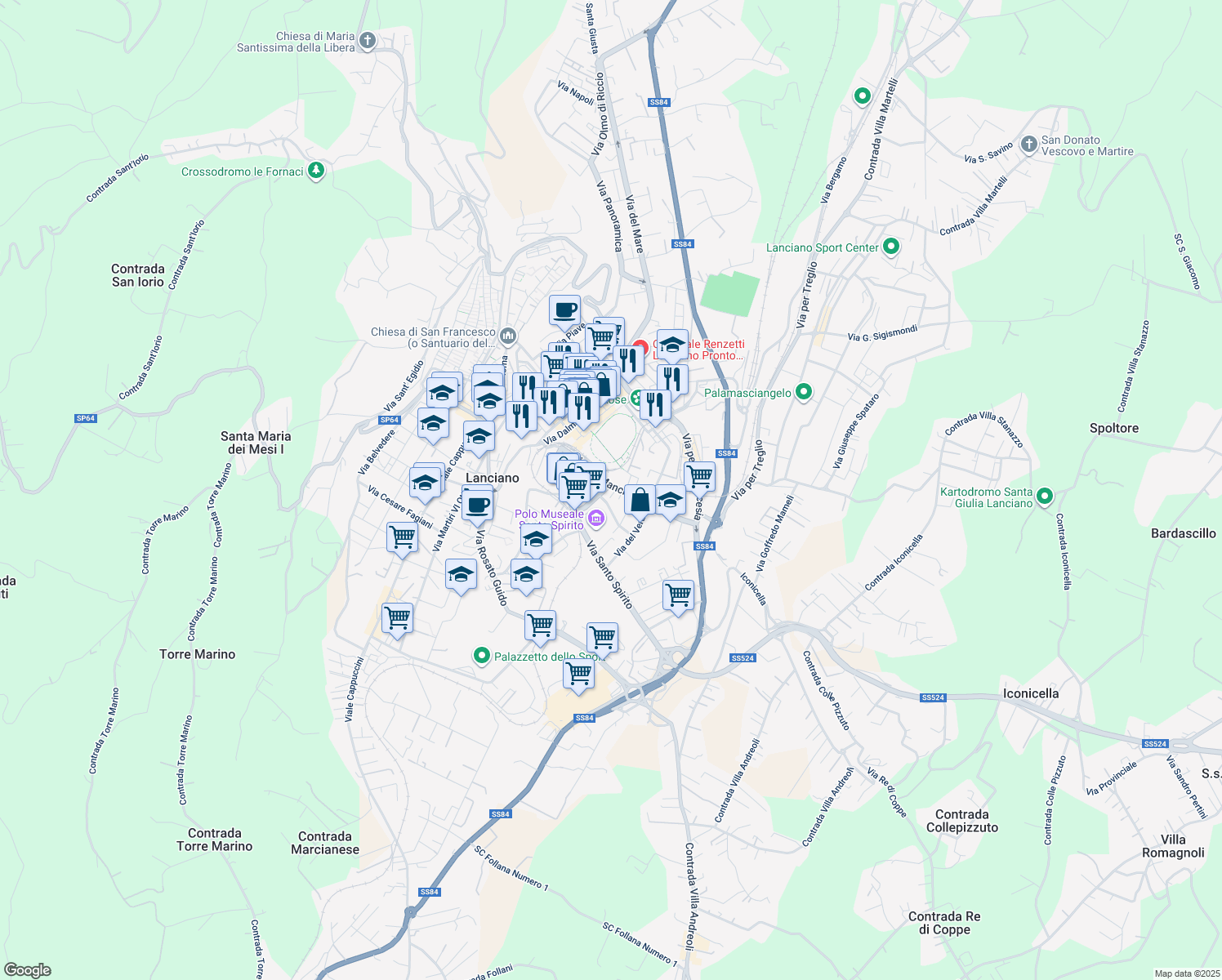 map of restaurants, bars, coffee shops, grocery stores, and more near 130 Via del Mancino in Lanciano