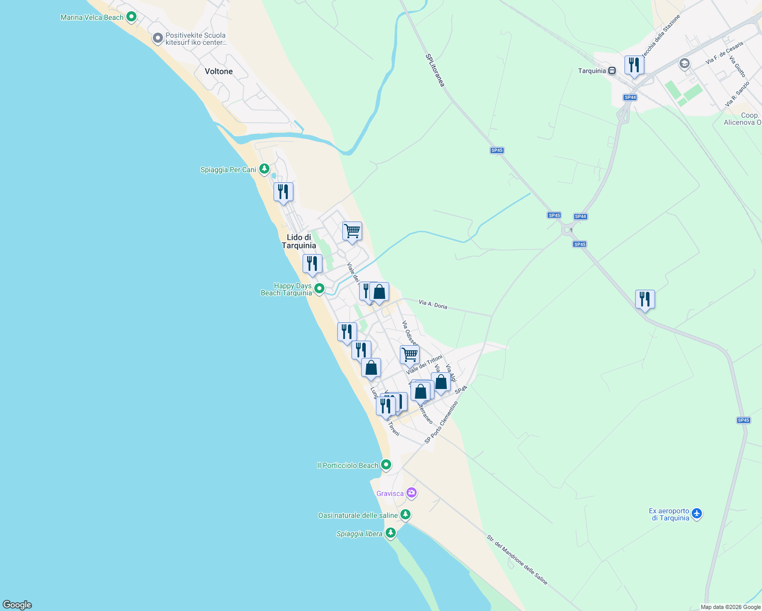 map of restaurants, bars, coffee shops, grocery stores, and more near 3 Viale A. Doria in Lido di Tarquinia