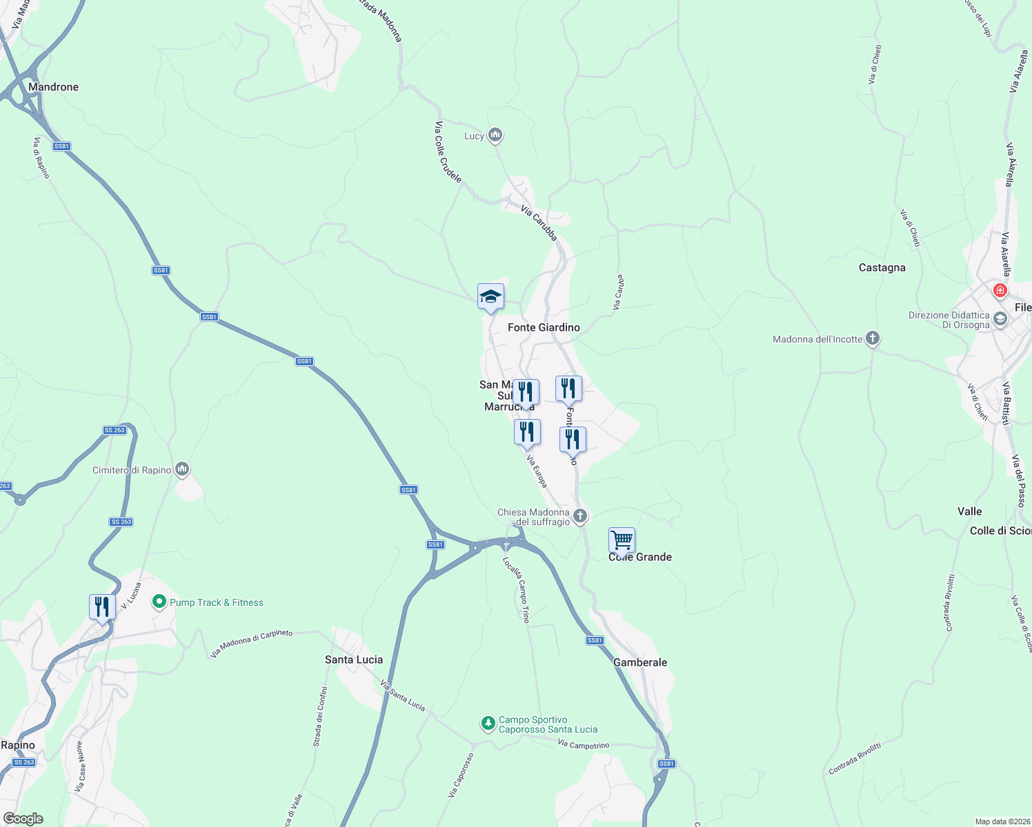 map of restaurants, bars, coffee shops, grocery stores, and more near 65 Circonvallazione Ovest in San Martino Sulla Marrucina