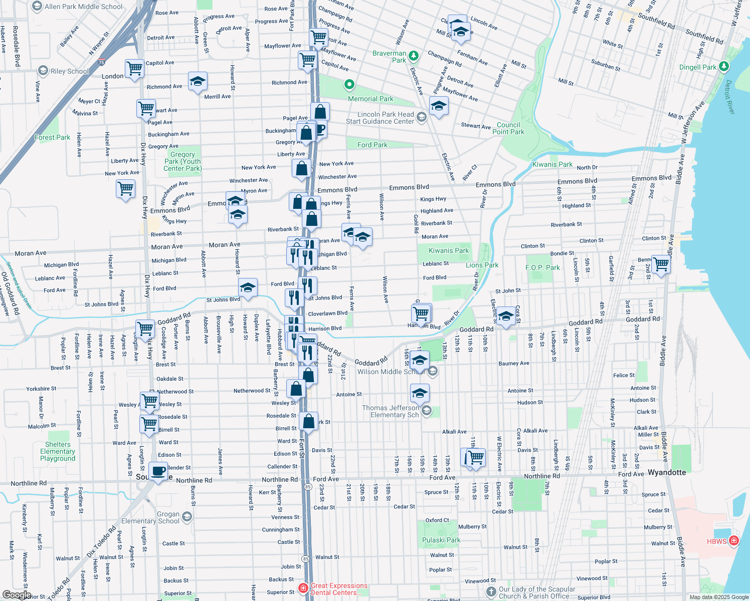 map of restaurants, bars, coffee shops, grocery stores, and more near 933 Saint Johns Boulevard in Lincoln Park