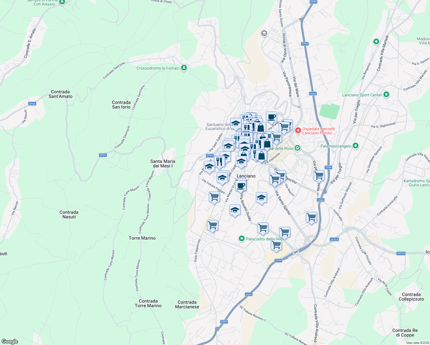 map of restaurants, bars, coffee shops, grocery stores, and more near 38 Via Luigi Galvani in Lanciano