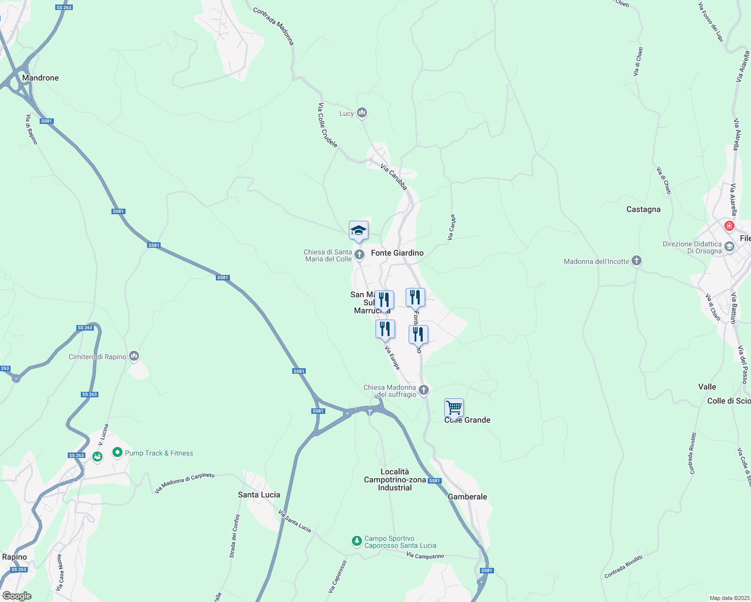 map of restaurants, bars, coffee shops, grocery stores, and more near 206 Via Porta da Capo in San Martino Sulla Marrucina