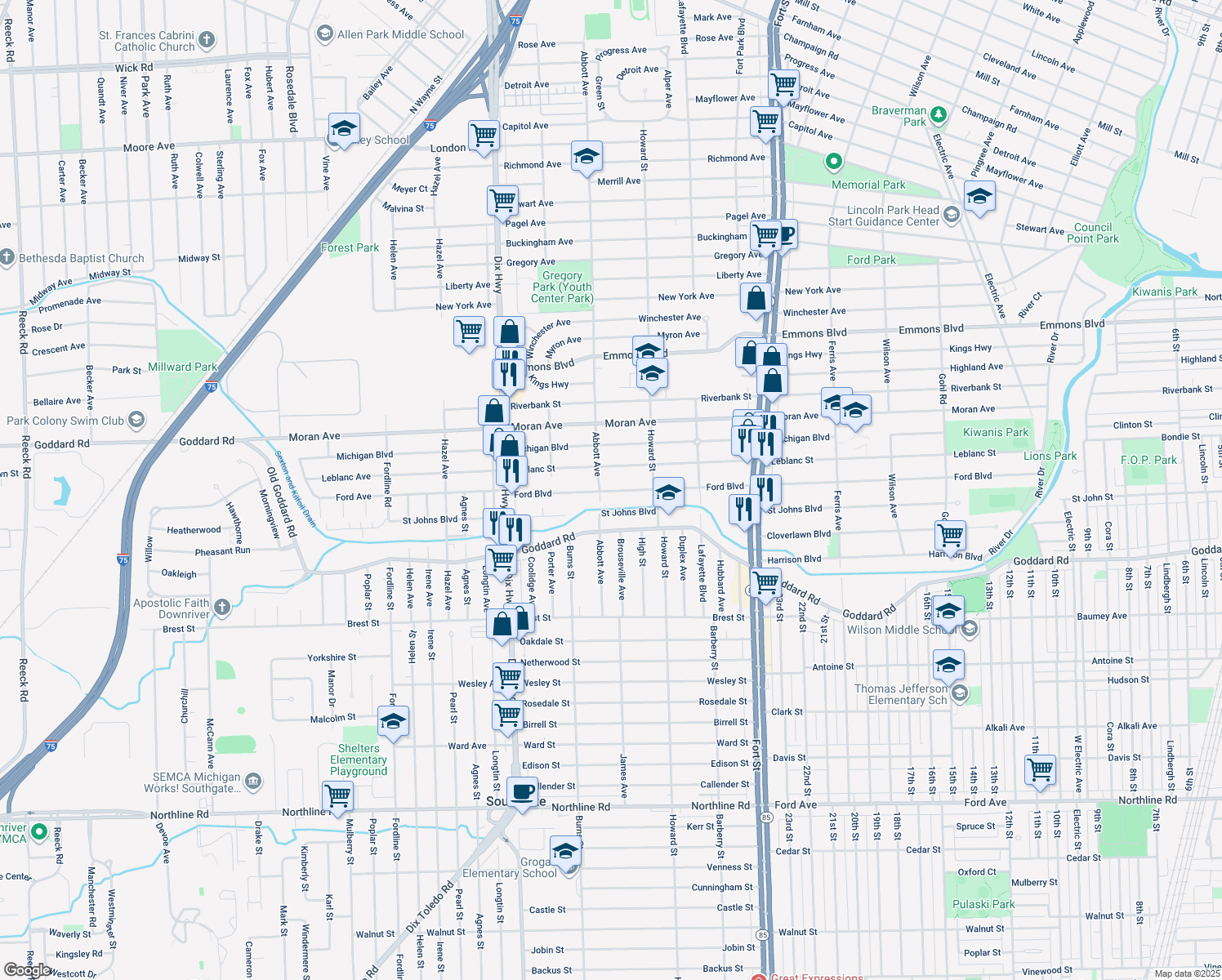 map of restaurants, bars, coffee shops, grocery stores, and more near 1674 Ford Blvd in Lincoln Park