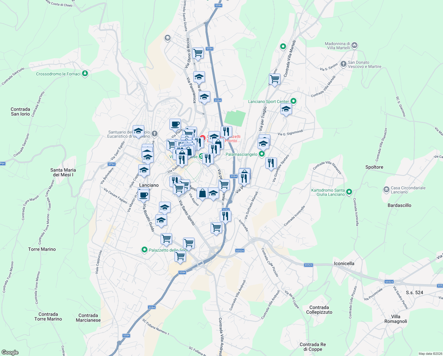 map of restaurants, bars, coffee shops, grocery stores, and more near 3 Via San Giovanni Capestrano in Lanciano