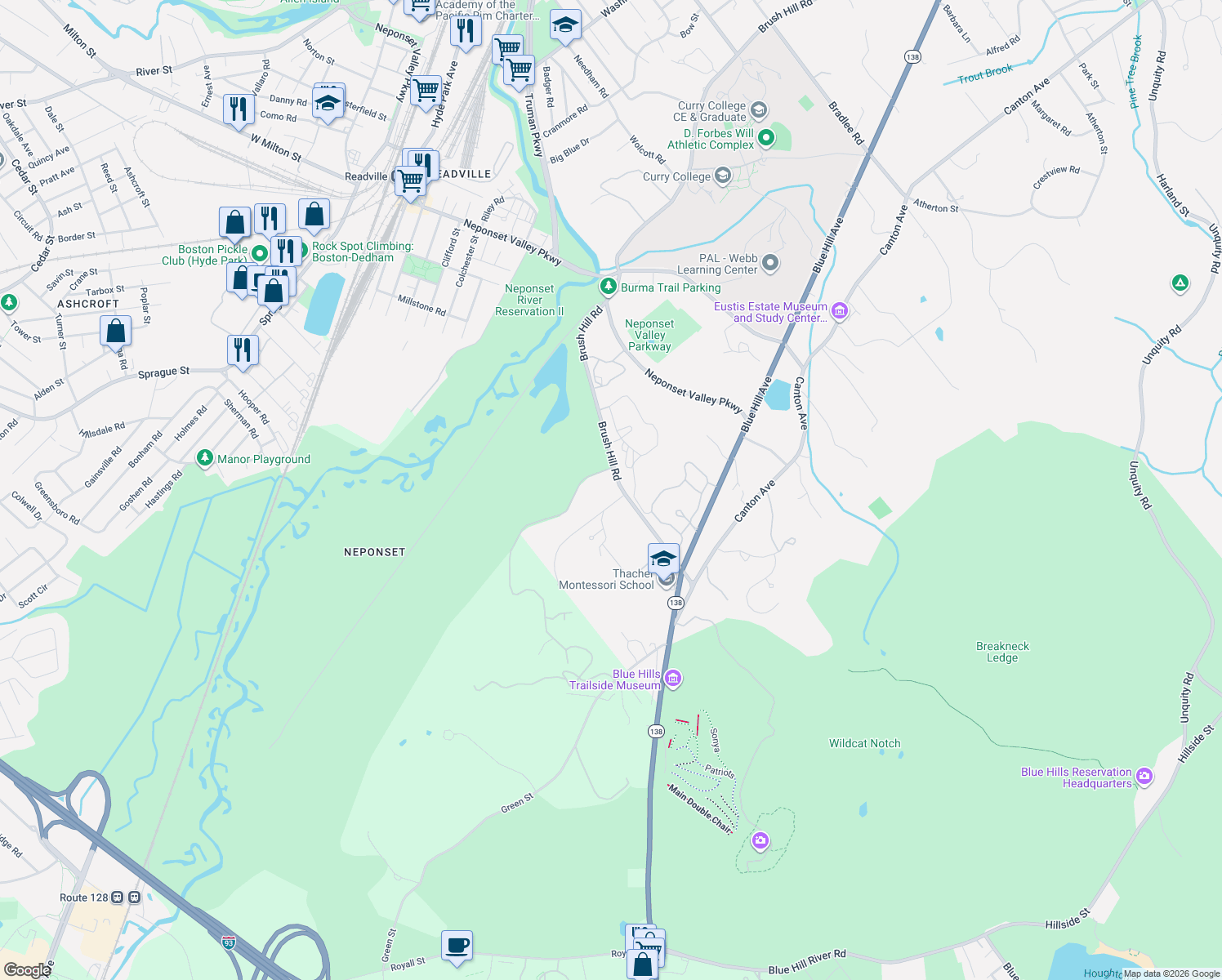 map of restaurants, bars, coffee shops, grocery stores, and more near 1375 Brush Hill Road in Milton