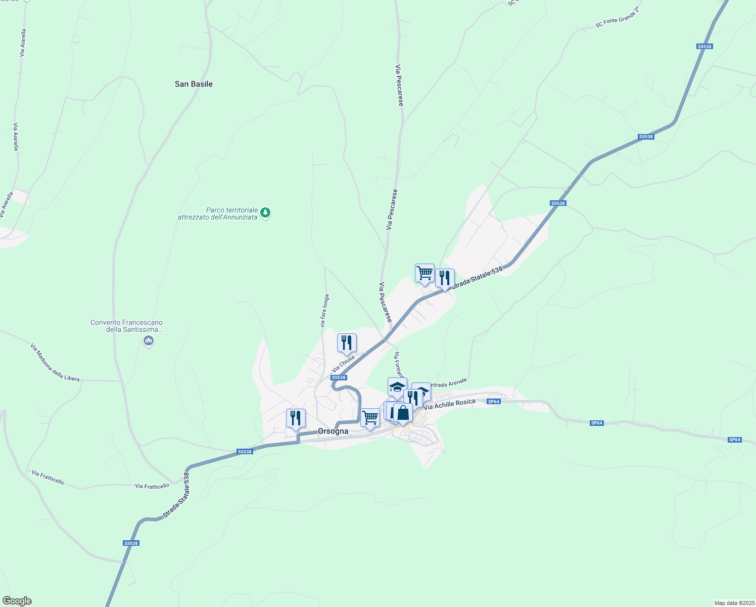 map of restaurants, bars, coffee shops, grocery stores, and more near 4 Via Pescarese in Orsogna