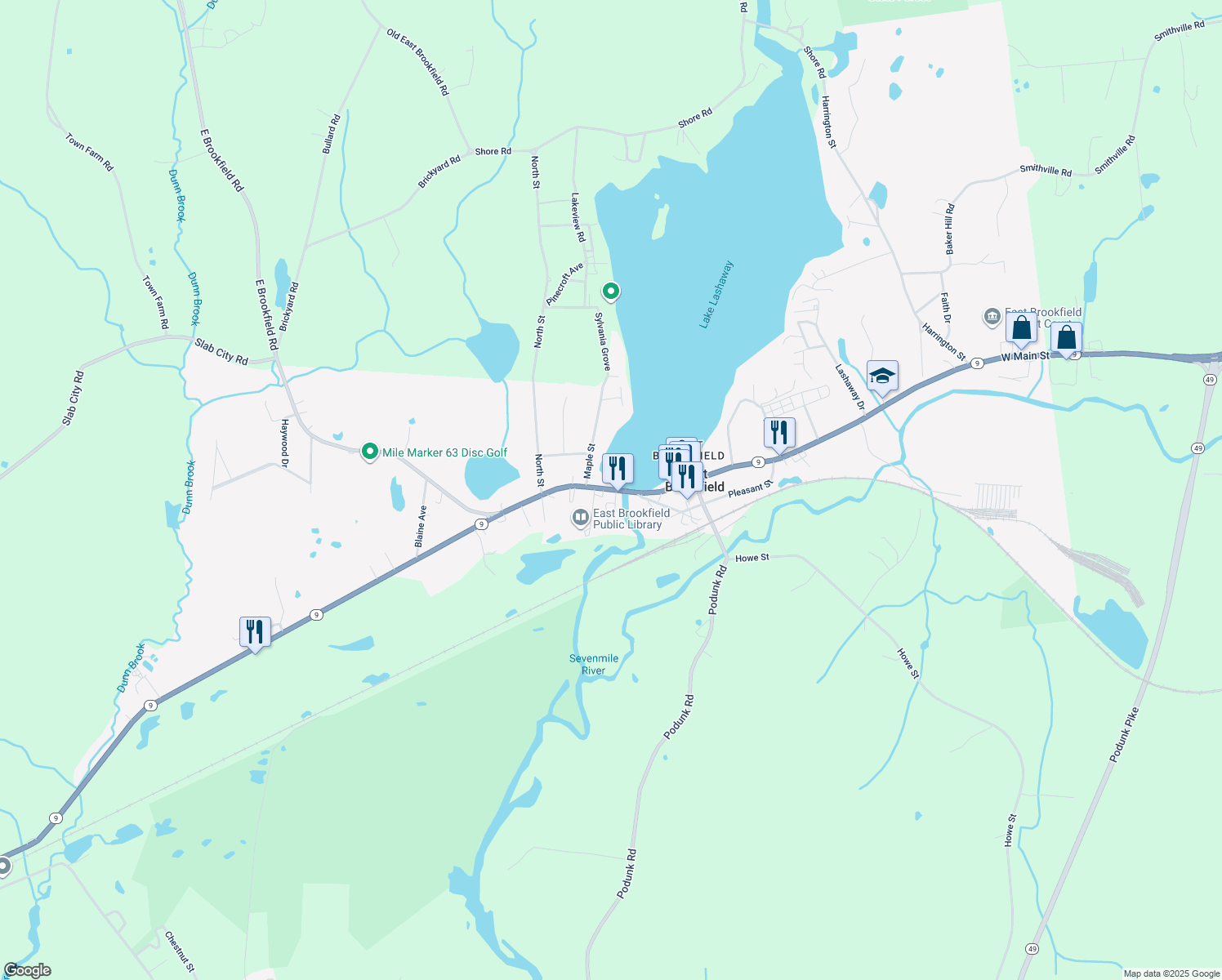 map of restaurants, bars, coffee shops, grocery stores, and more near 268 E Main St in East Brookfield