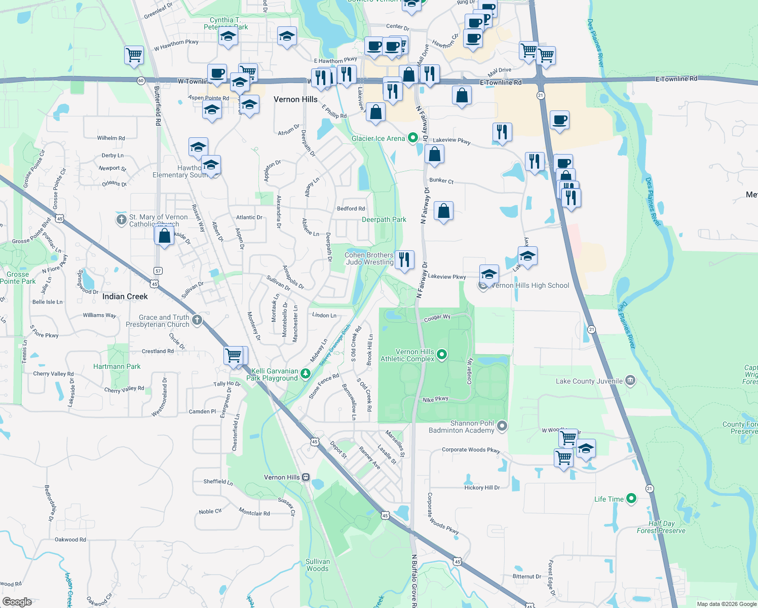 map of restaurants, bars, coffee shops, grocery stores, and more near 13 North Old Creek Road in Vernon Hills