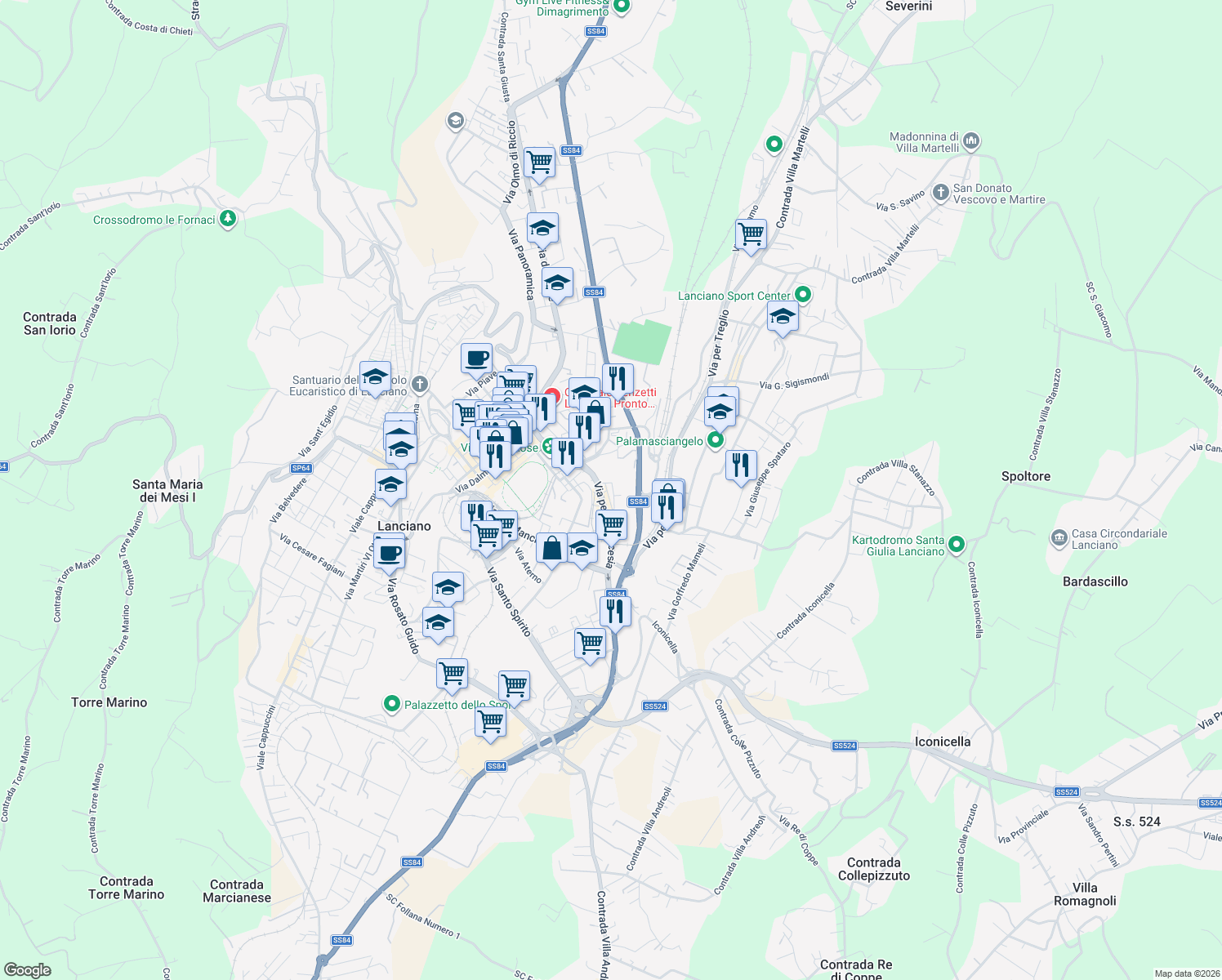 map of restaurants, bars, coffee shops, grocery stores, and more near 3 Via San Giovanni da Capestrano in Lanciano
