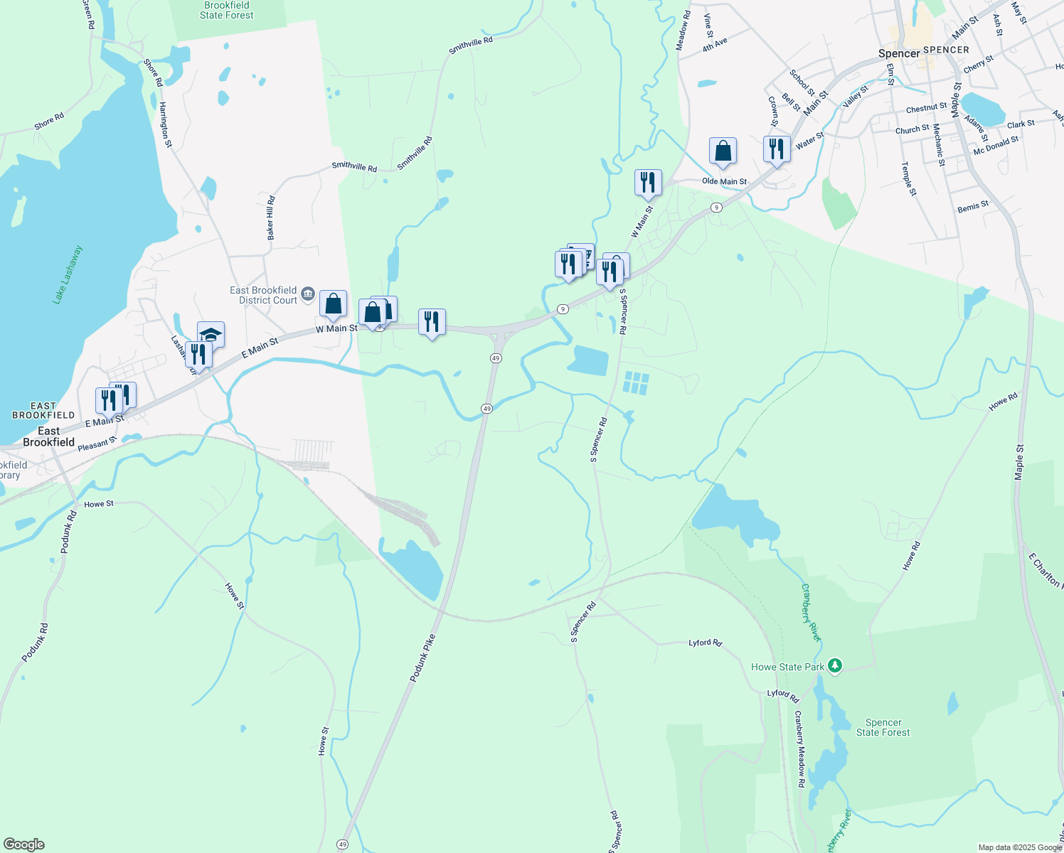 map of restaurants, bars, coffee shops, grocery stores, and more near 23 Condon Drive in Spencer