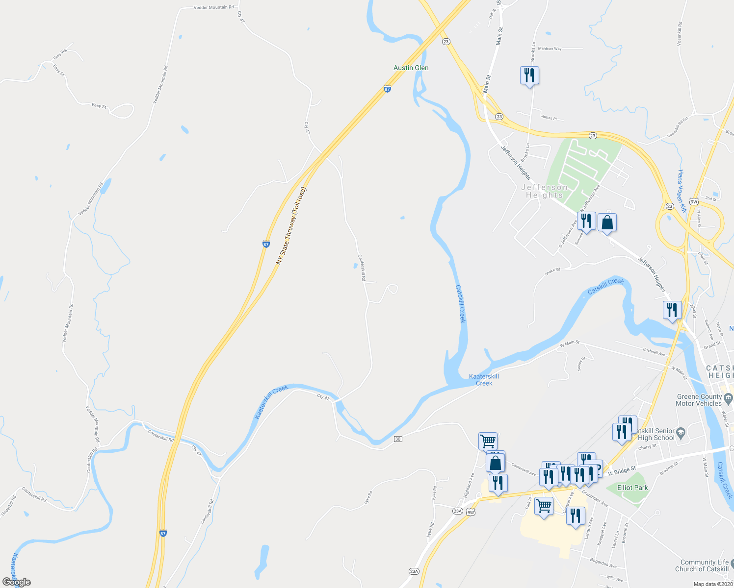 map of restaurants, bars, coffee shops, grocery stores, and more near 5447 Cauterskill Road in Catskill