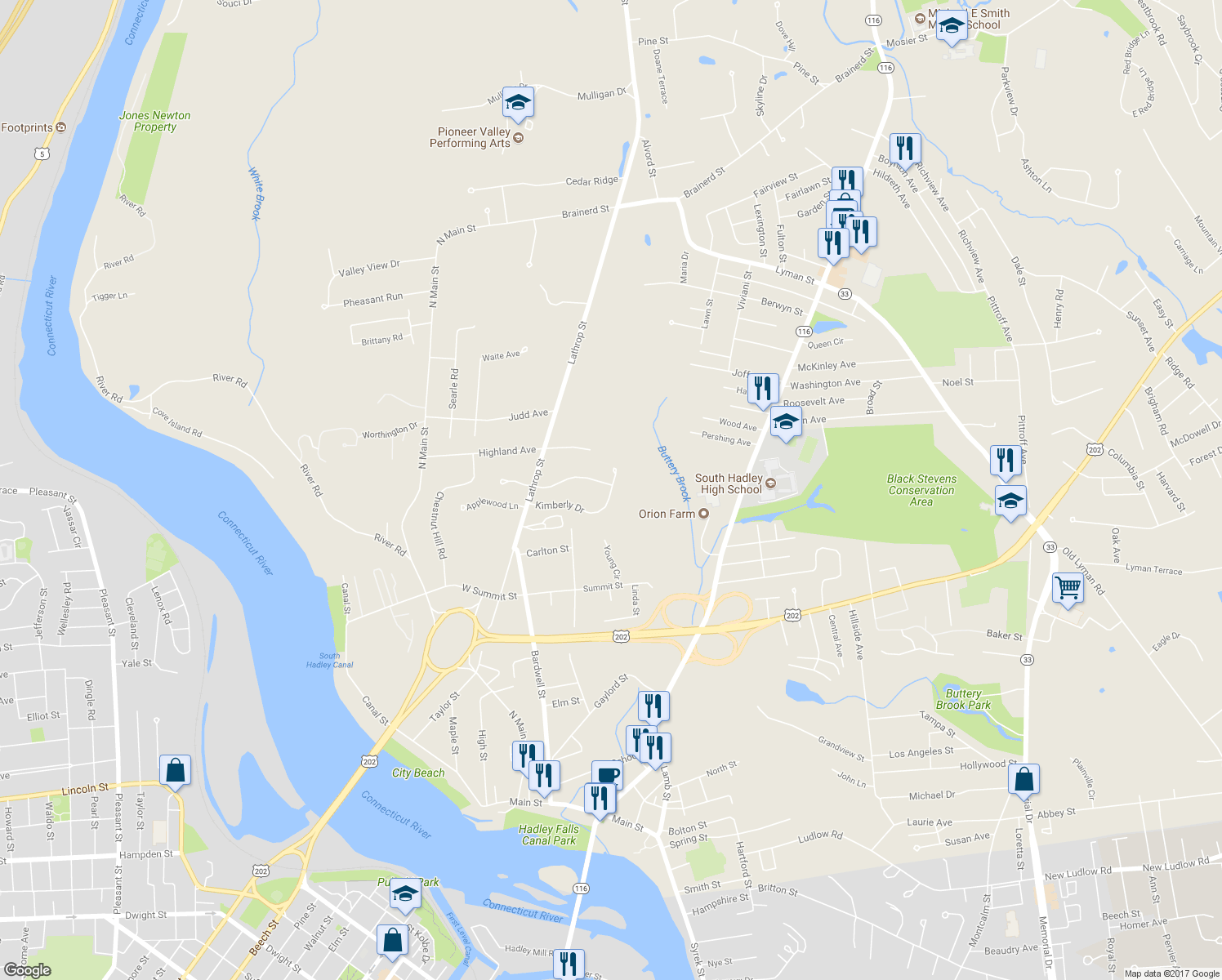 map of restaurants, bars, coffee shops, grocery stores, and more near 36 Kimberly Drive in South Hadley